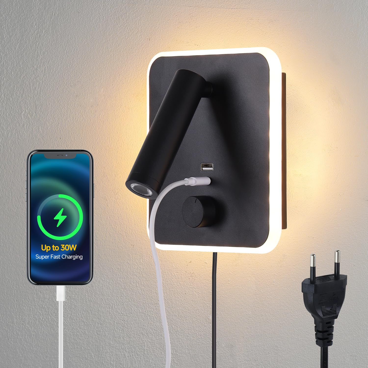 30W Schnellladung Plug-in Wandlampen mit zwei USB-A/C Ports, verstellbare Leselampe, 2-in-1 Installation für Schlafzimmer/Wohnzimmer, LED-Wandlampen (Schwarz)