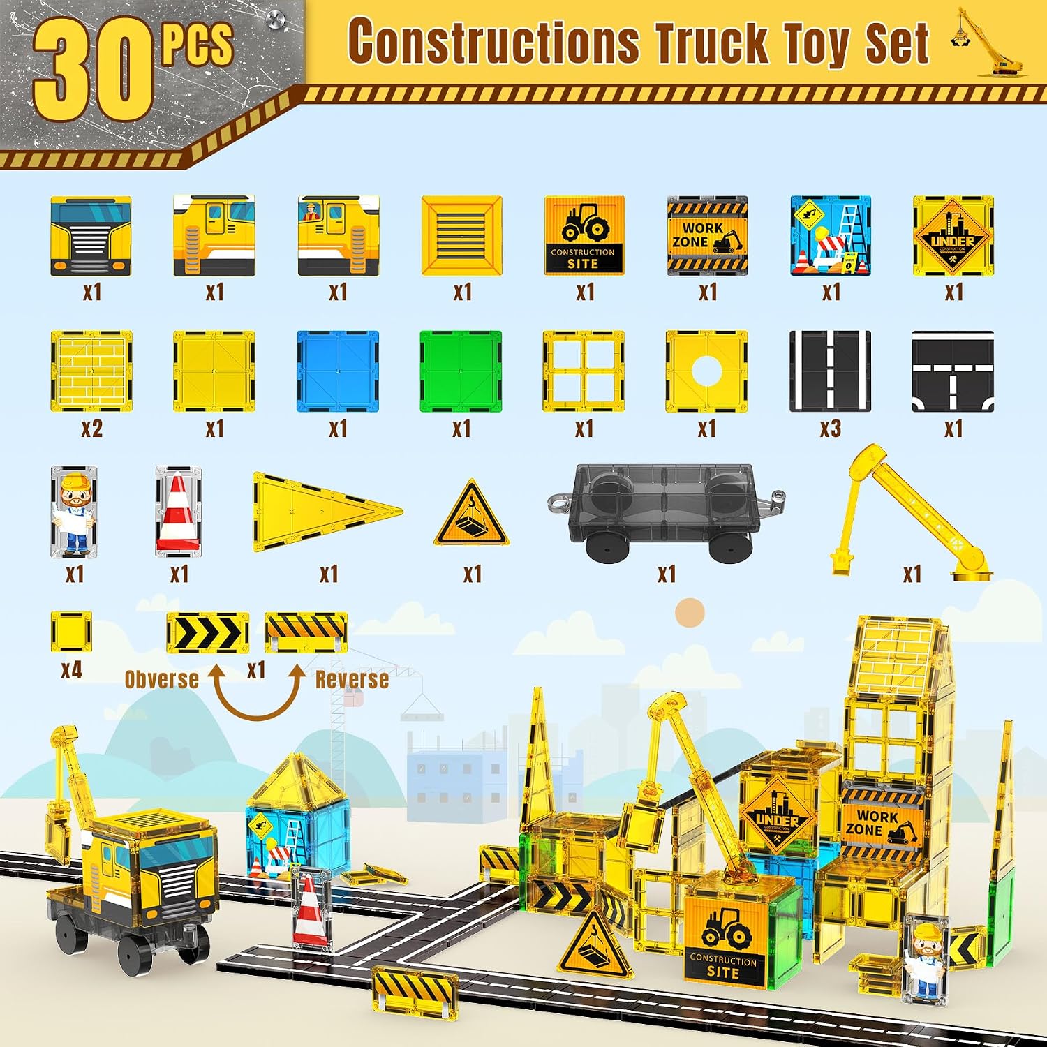SKTMYY Magnetic Tiles Crane Road Fire Truck for Kids Ages 4-8 Boy STEM Toys image 2