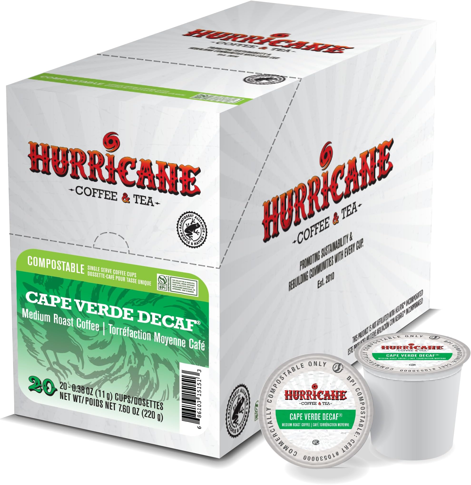 Hurricane Cape Verde Decaf Medium Roast Coffee, Compostable Single Serve Coffee Pods Compatible with Keurig K-Cup Brewers, 20 Count