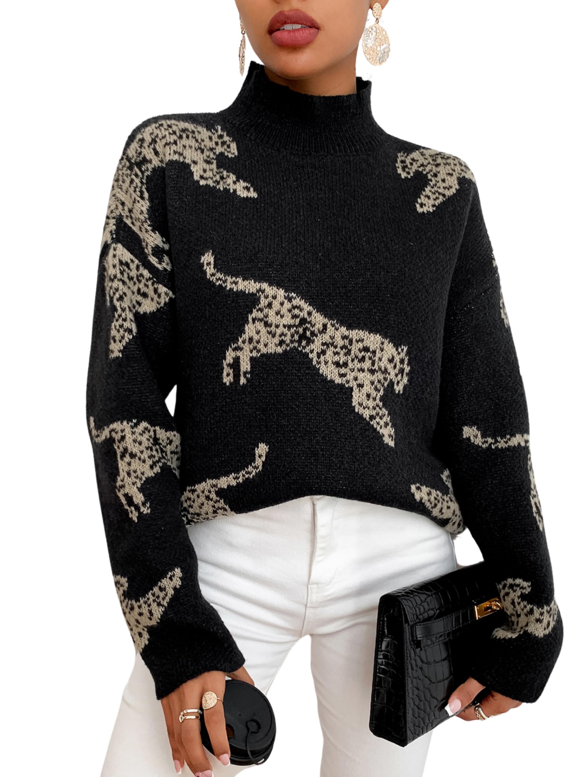WDIRARA Womens Leopard Tiger Print Sweater High Neck Long Sleeve Fuzzy Knitted Pullover Top