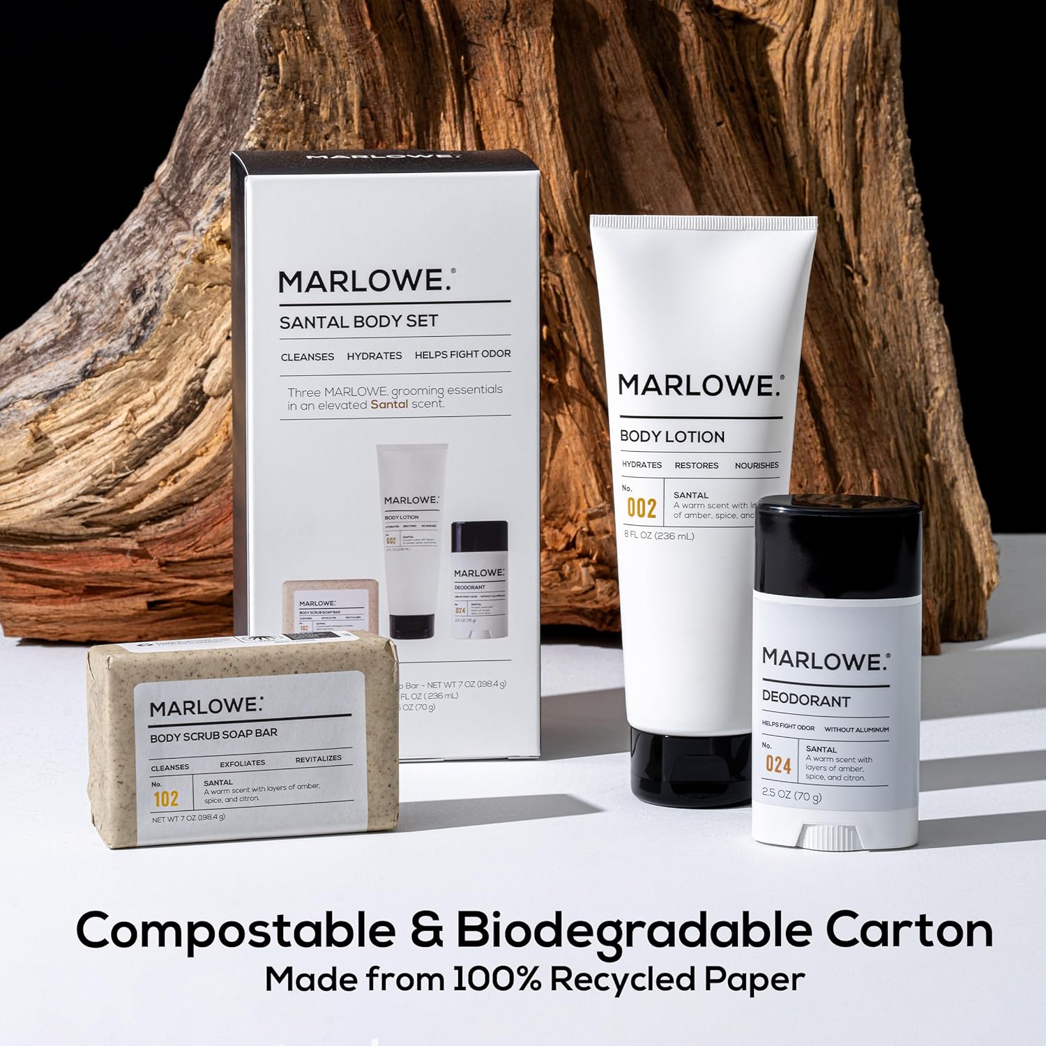 MARLOWE. Men's Grooming Santal Body Set, Features No. 102 Scrub Soap Bar, No. 024 Deodorant & No. 002 Body Lotion, Warm Amber, Sandalwood & Citron Scent