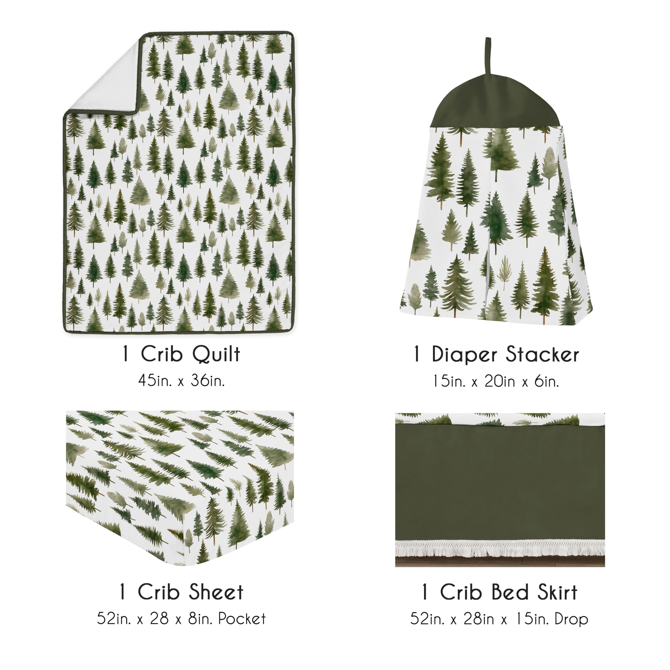 Sweet Jojo Designs Juego de ropa de cama unisex para cuna de bebé, manta de bebé, sábana bajera, falda, apilador de pañales, 4 piezas, temática de bosque, naturaleza, pino, acuarela, flecos