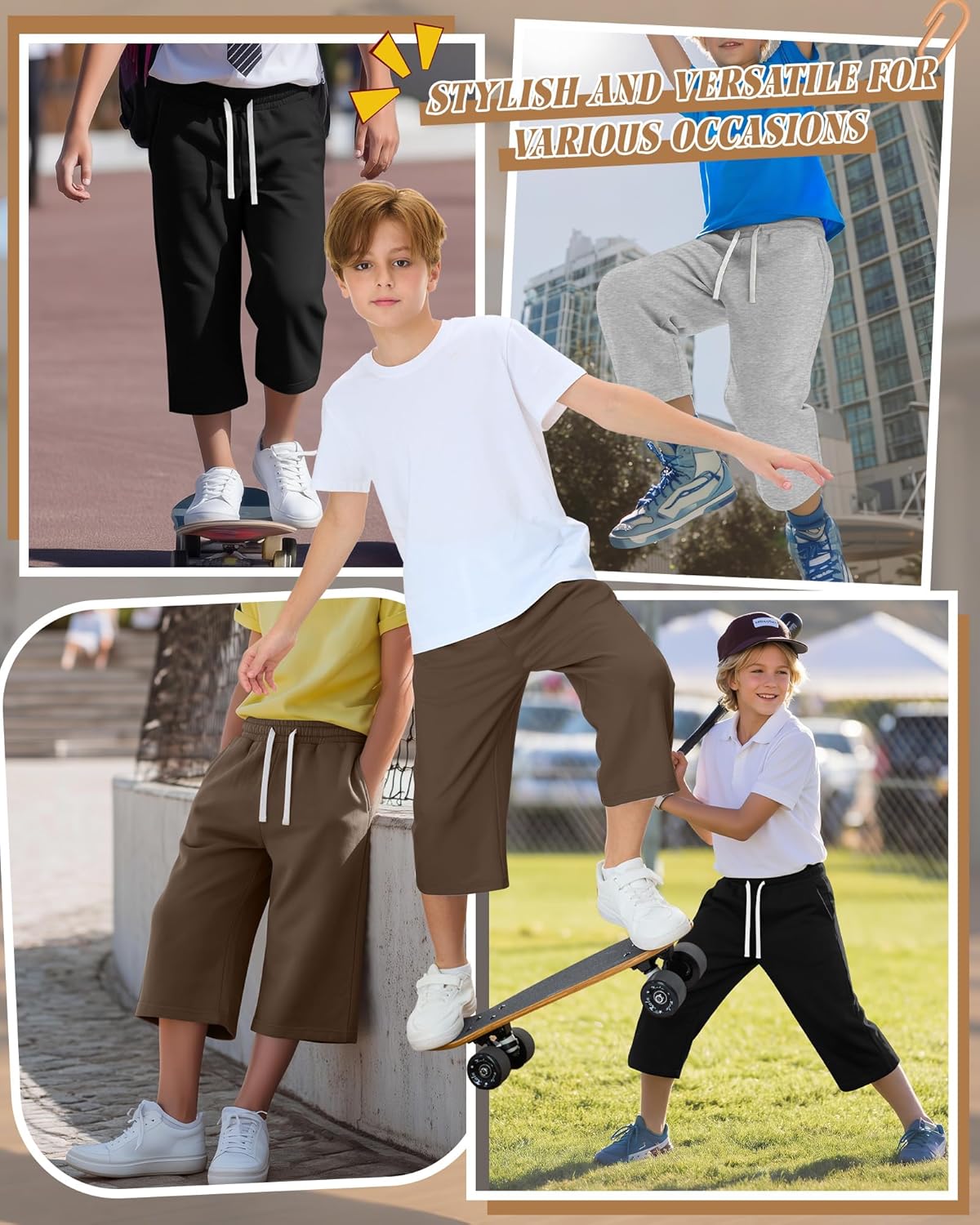 3 Pack Boys Capri Pants 3/4 Wide Leg Drawstring Lightweight Cropped Sweatpants with Pockets Kids 6-16 Years