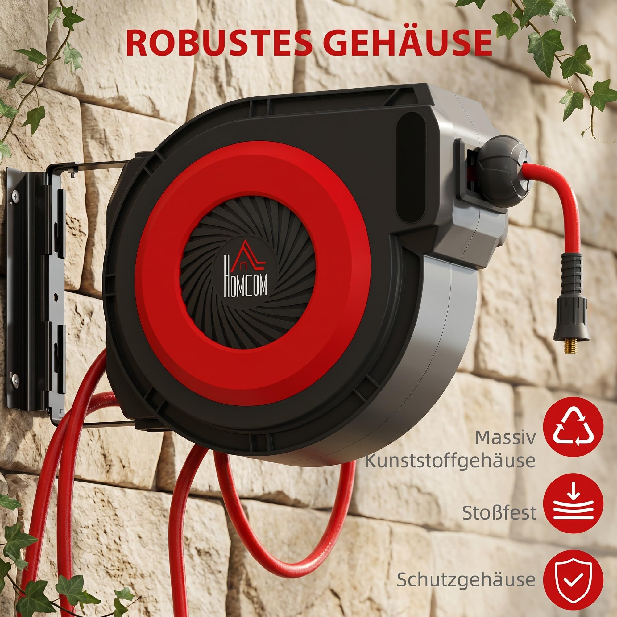 HOMCOM Avvolgicavo aria automatico 15m+1,5m | Attacco rapido 1/4", 9,5x15,8mm, max 10 bar, rotazione 180°, avvolgicavo con staffa a muro.