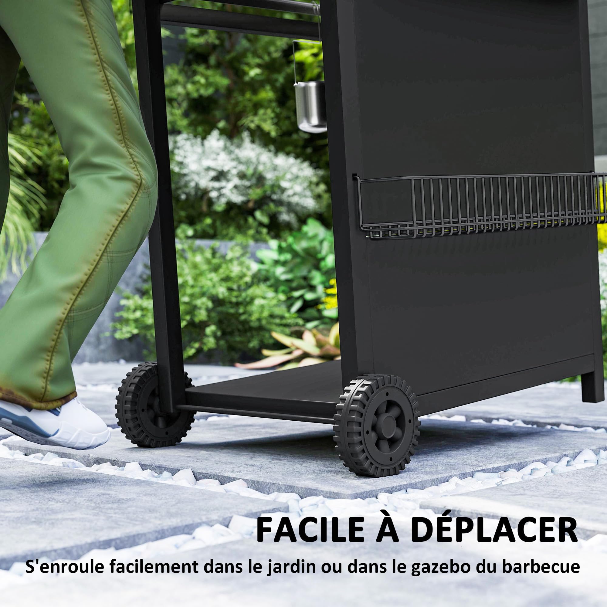 Outsunny Barbecue gaz 3+1 brûleurs en acier, puissance 9,5 kW, barbecue de jardin 2 grilles en chromé, étagères latérales, 2 roues, thermomètre, couvercle, pour camping et terrasse, noir