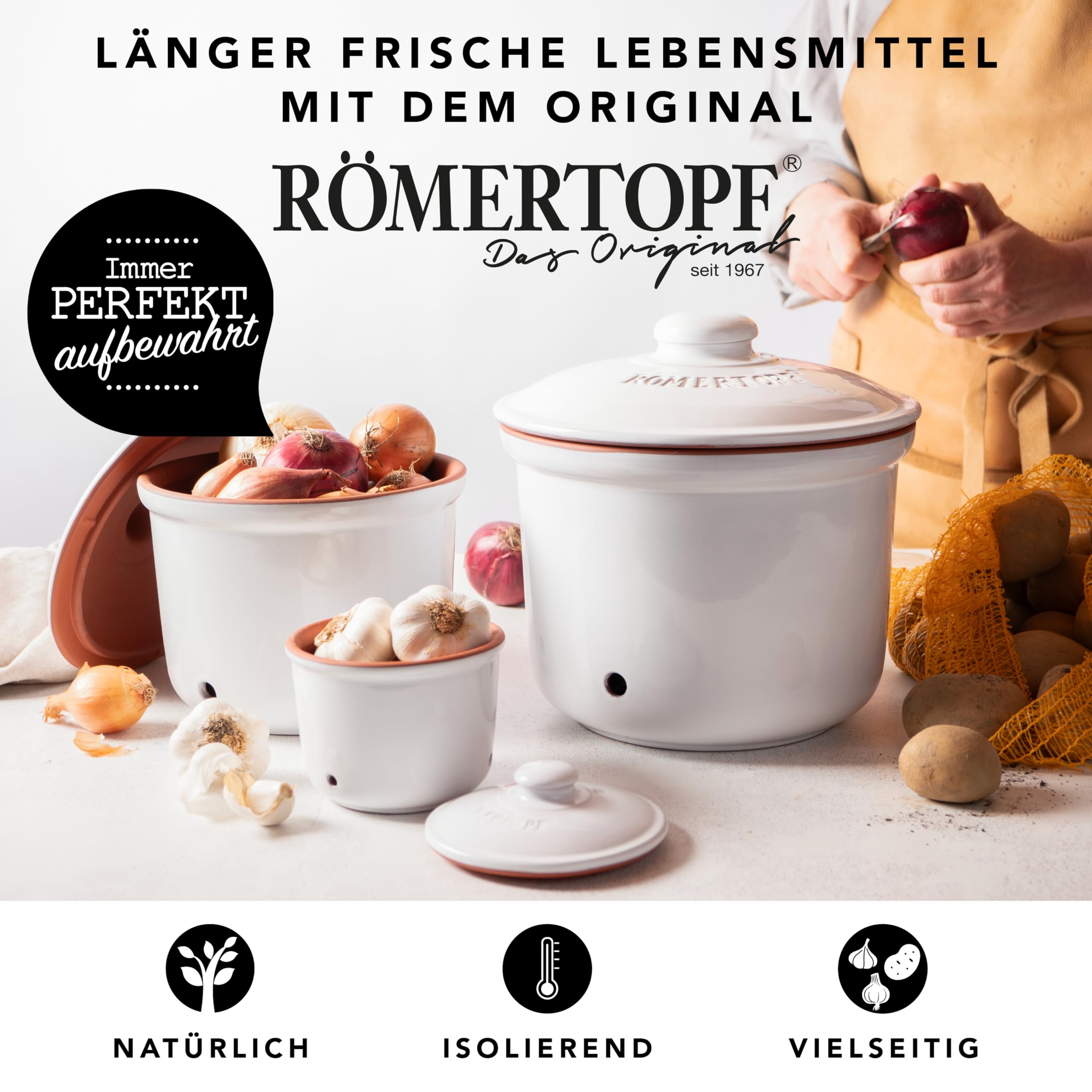 Romertopf Fresche-Topf 3er Set - Ajo, cebolla y patatas Caja de almacenamiento de cerámica - La arcilla transpirable mantiene las verduras frescas durante más tiempo - Blanco