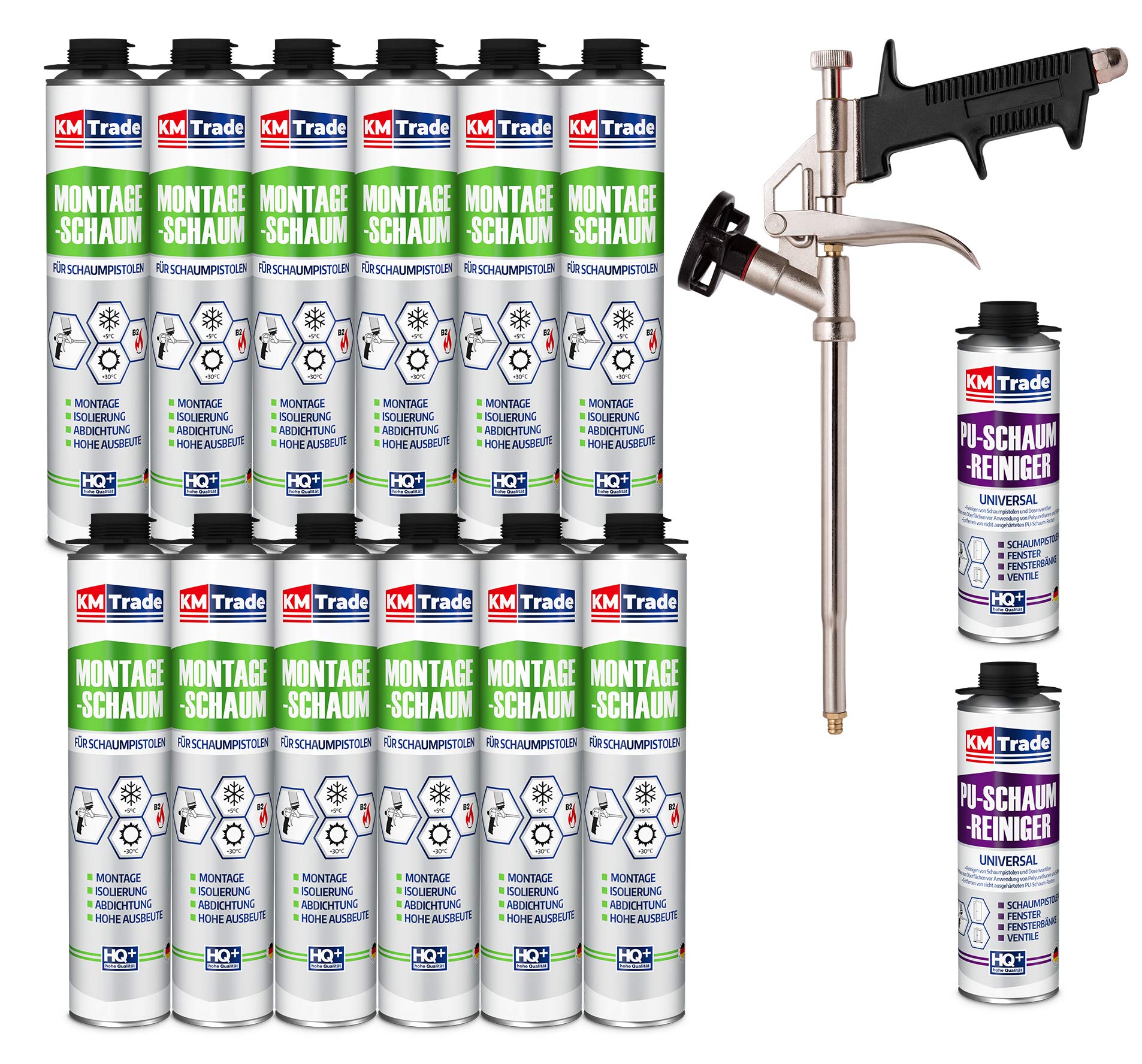 Bauschaum-Set - Inkl. 12x 1K Montageschaum (je 750 ml), 1x Schaum-Pistole & 2x PU-Schaum-Reiniger (500 ml)