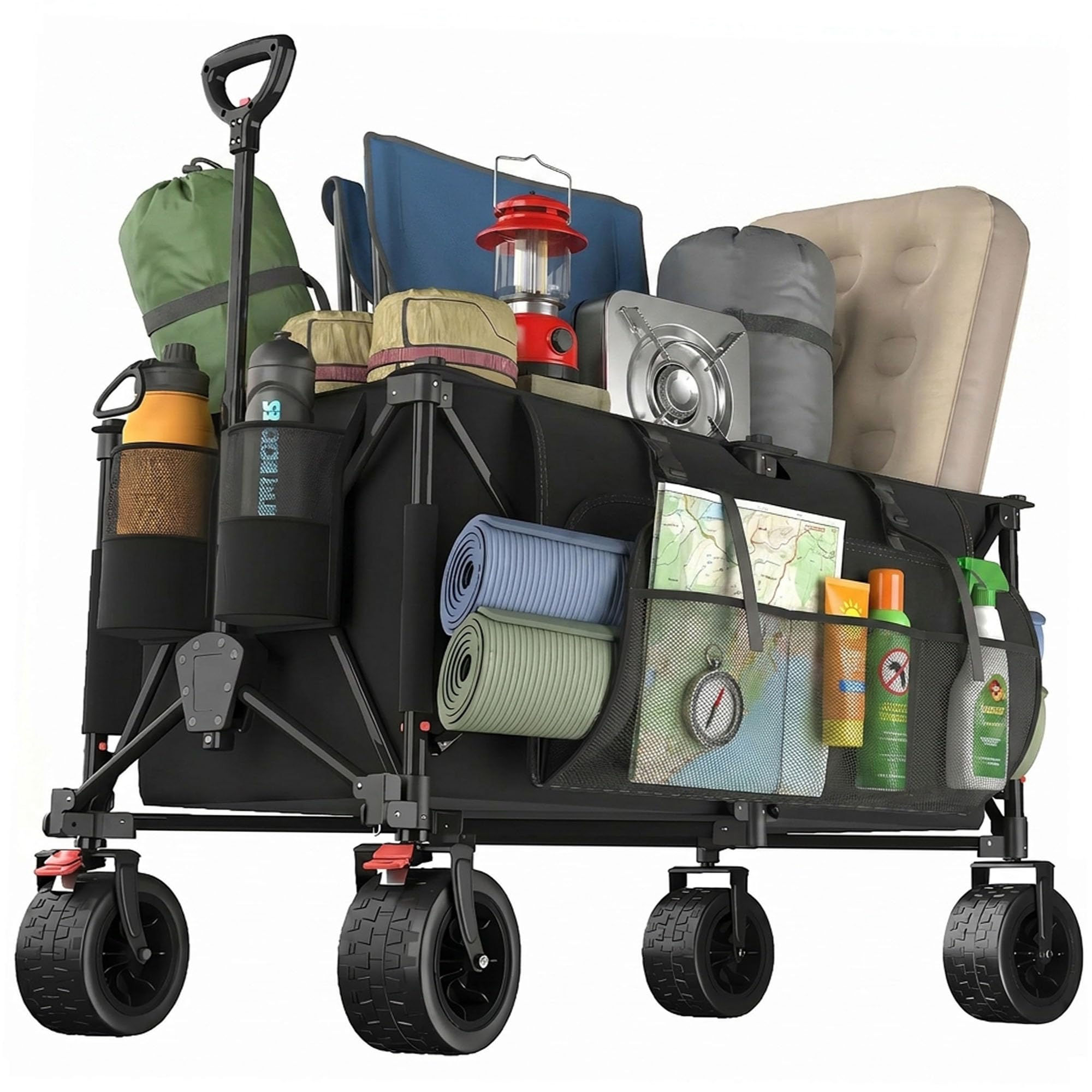 JUMMICO Chariot de Plage à roulettes Pliable ｜ Grande Capacité 260L ｜ Chariot de Transport Tout-Terrain ｜ Roues Ballon 17cm ｜ Double Frein ｜ pour Courses, Camping, Événements