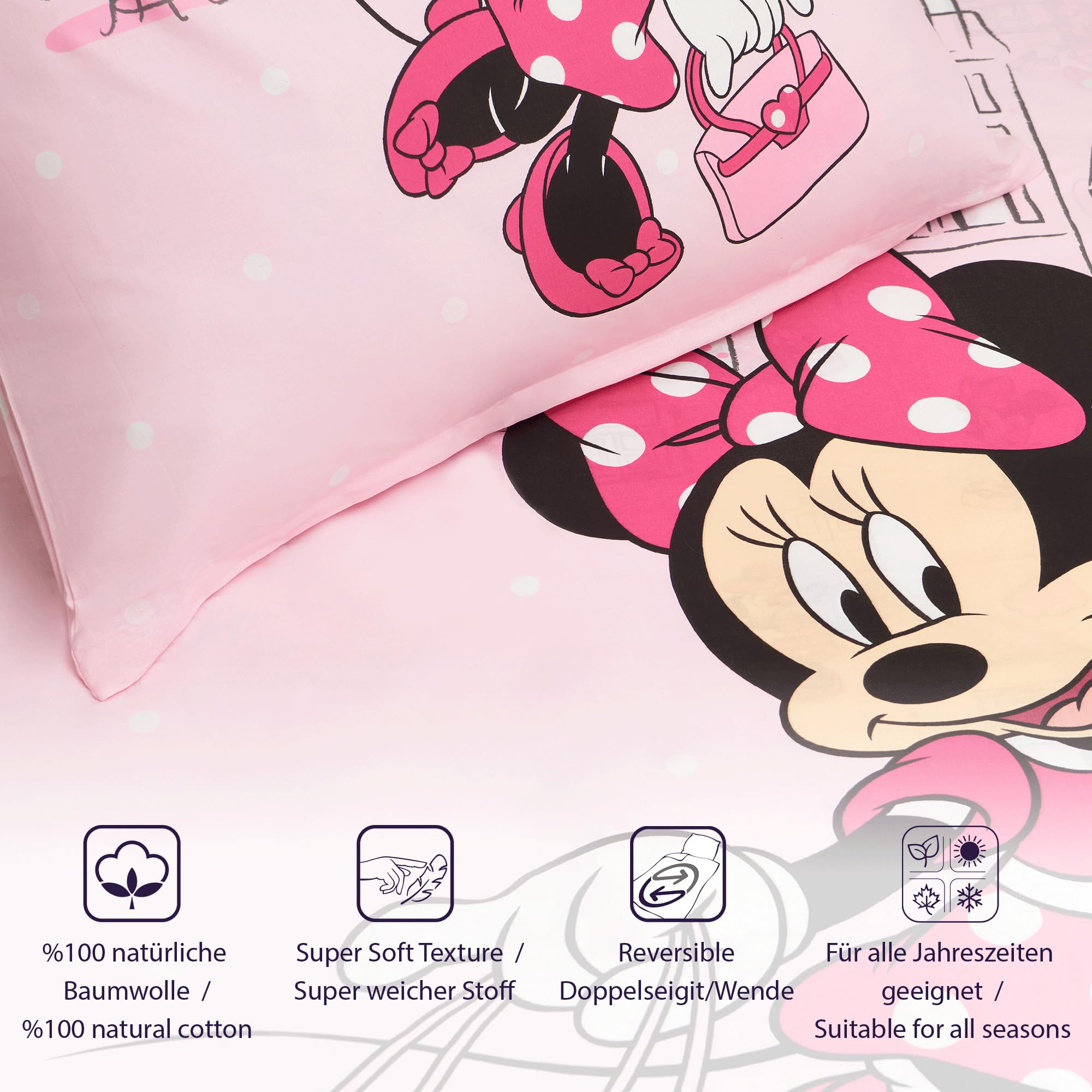 Minnie Mouse Bettwäsche Shopping 135 x 200 cm + 80 x 80 cm 100% Baumwolle in Renforcé-Linon-Qualität mit YKK-Reißverschluss Minnie Maus Disney Mickey Daisy Donald Goofy Sweet Love Deutsche Größe