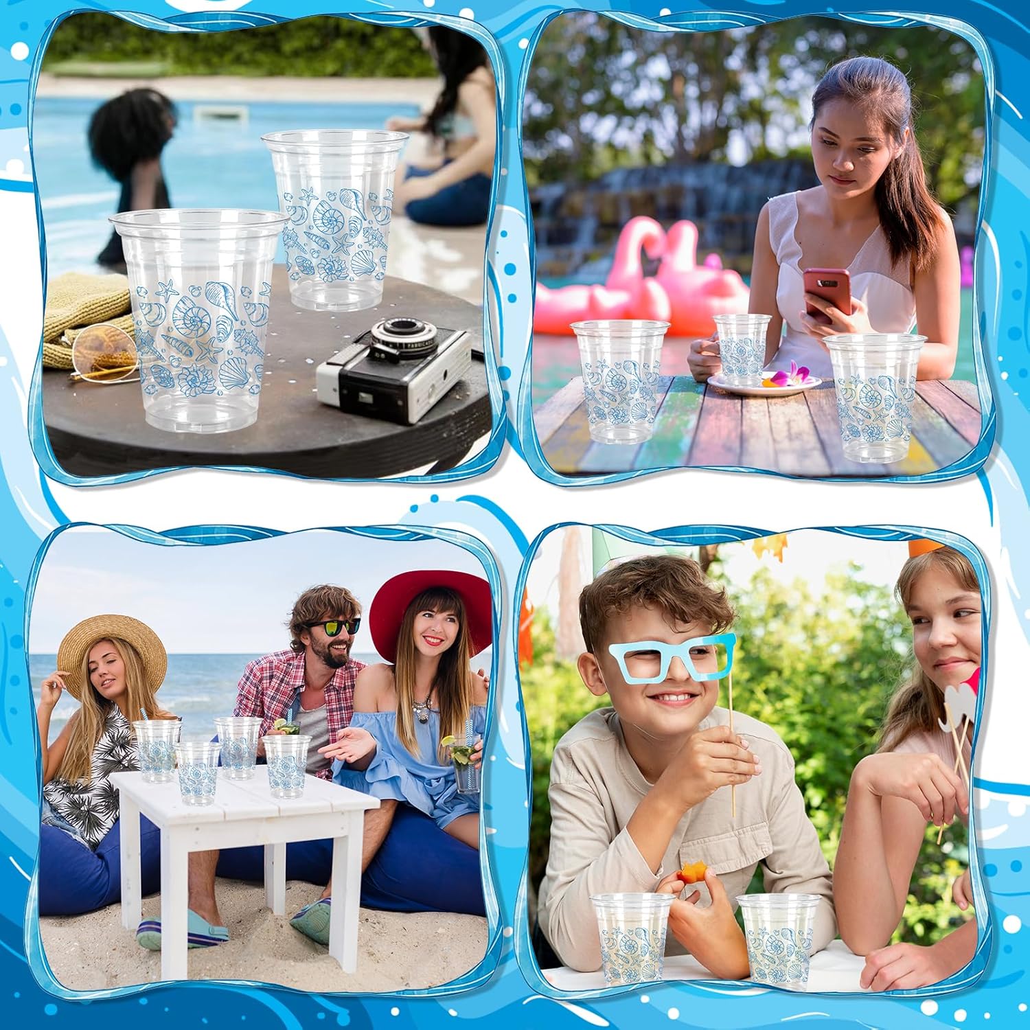 50Pcs 12Oz Blue Ocean Plastic Cups with Lids & Straws Seashell Starfish Disposable Clear Drinking Cups for Summer Beach Party Supplies - Image 7