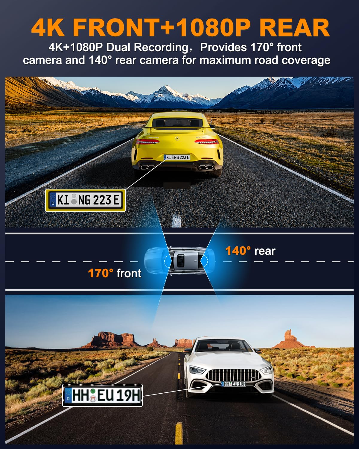 Dash Cam Auto, Doppia Dash Cam 4K+1080P con Filtro CPL, Dashcam con WiFi, Telecamera da Auto 170° Grandangolo,Scheda SD 64GB,G-Sensor,Monitoraggio Parcheggio 24H,Visione Notturna,Registrazione in Loop