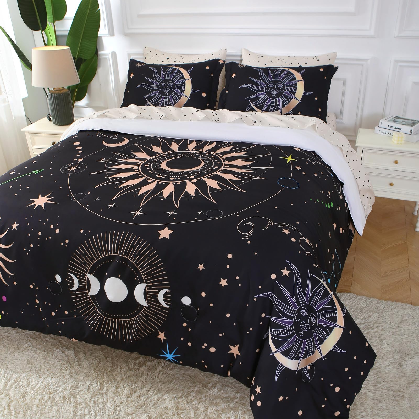 Gusuhome 7 Piece Sun and Moon Comforter Set Bed in a Bag Queen Size - Boho Celestial Constellations Bedding for Girls Women - Black Gold - Lightweight Comforter with Sheets and Pillowcases