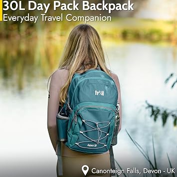 Trail Aspen Day Pack Backpack, 30L, Teal | Breathable Padded Back & Straps, 3 Zip Compartments, Side Pockets, USB / Headphone Port, Bungee Cords, Compression Straps