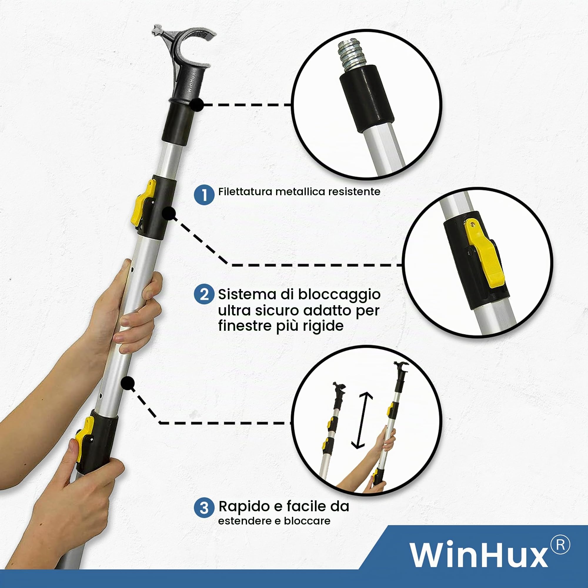 WinHux Asta Telescopica per Velux 1,2-3,0 m – Bastone Apri Finestre con Blocco a Pulsante e Gancio Antiscivolo, Compatibile con VELUX, Keylite, Fakro, Rooflite