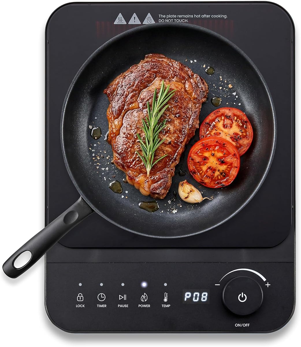 Placa de inducción portátil Elite Gourmet Slim, 1500 W, 10 niveles de potencia | Controles táctiles digitales, rango preciso de 140 °F a 465 °F, temporizador incorporado y bloqueo para niños, diseño de encimera de 2 pulgadas