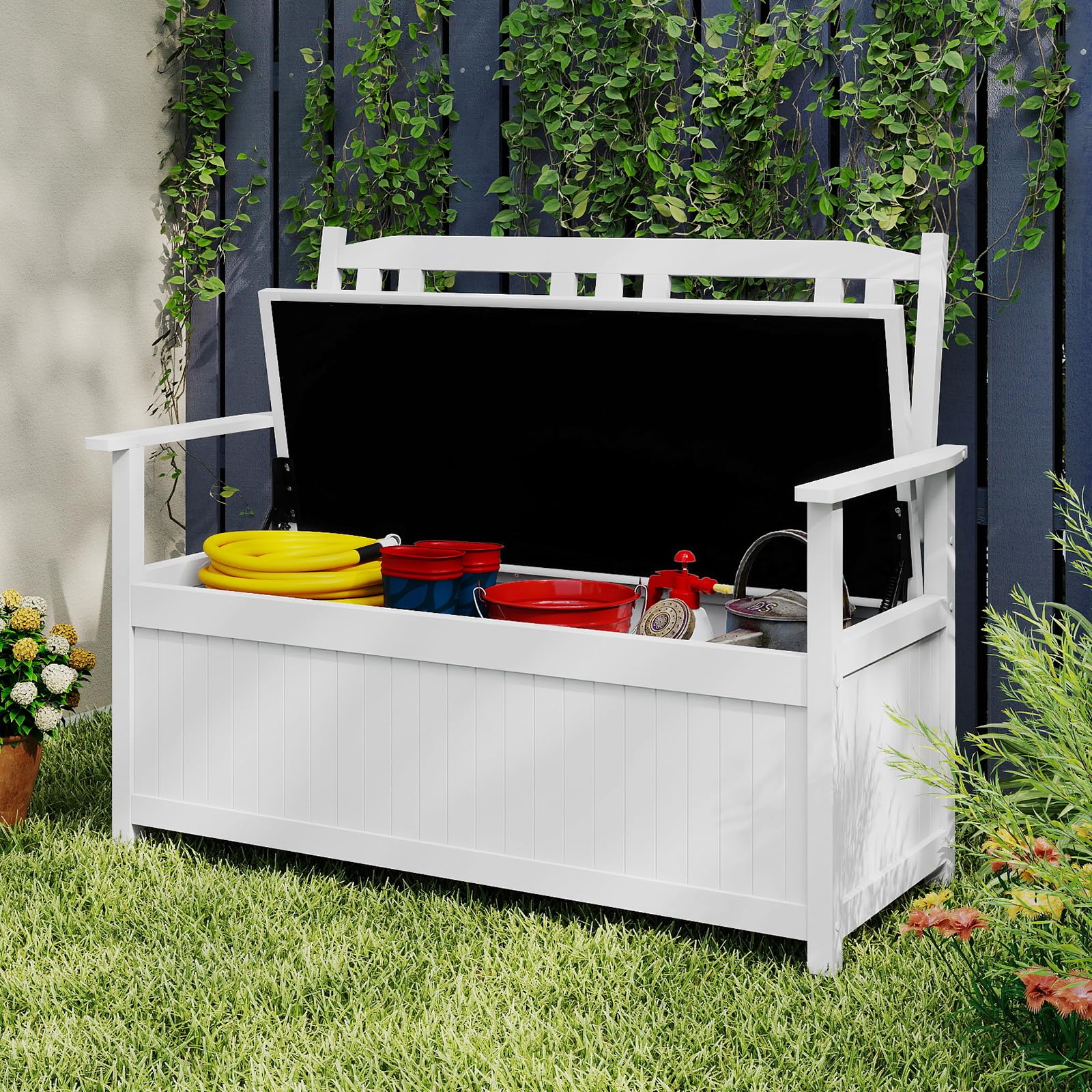 COSTWAY Panchina da Giardino con Contenitore di Legno, Cassapanca da Esterno 2 Posti con Schienale e Braccioli, Panca per Cortile e Ingresso, 123 x 68,5 x 96 cm (Bianco)