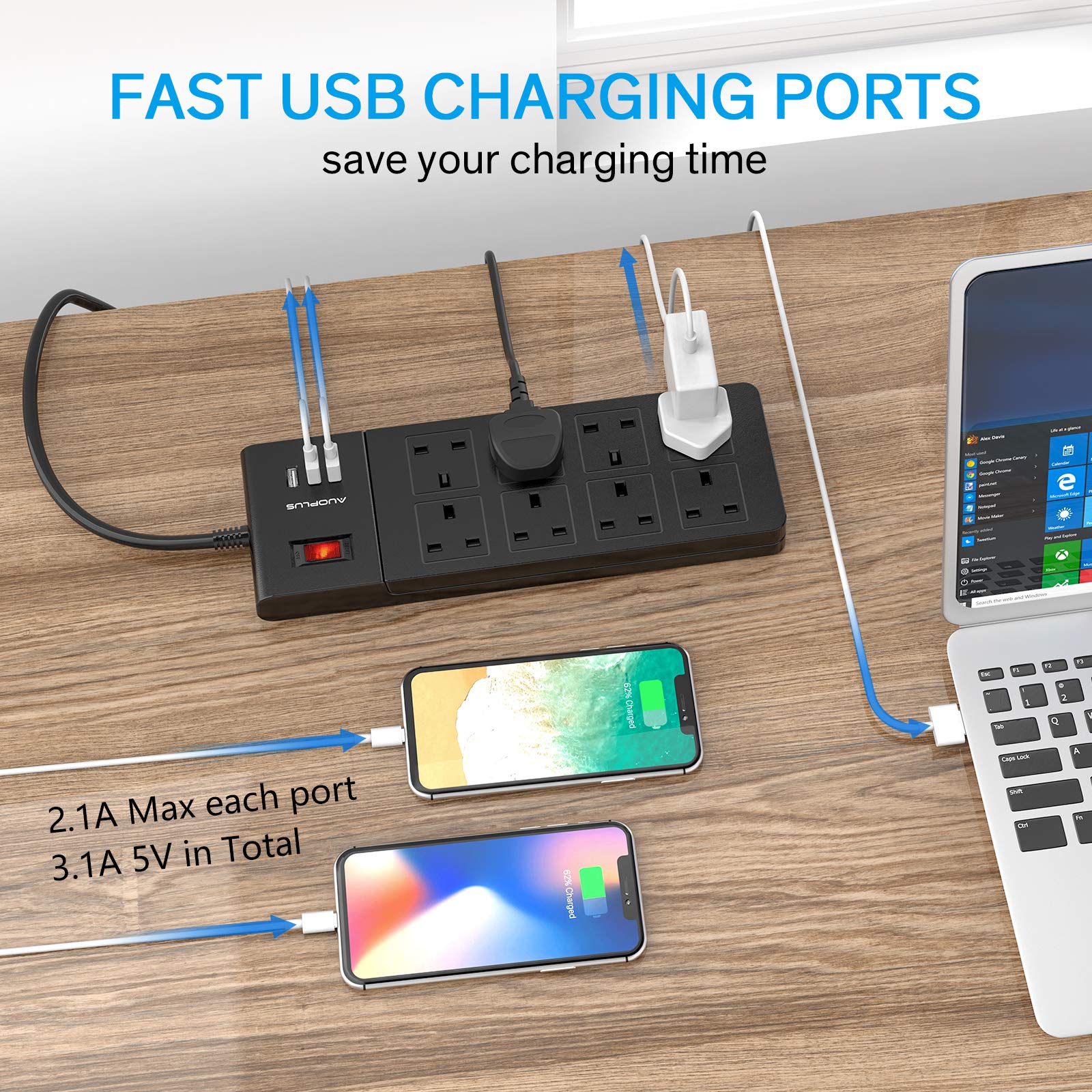 Buy 8 Way Extension Lead 2M, AUOPLUS Multi Plug Extension Lead with USB