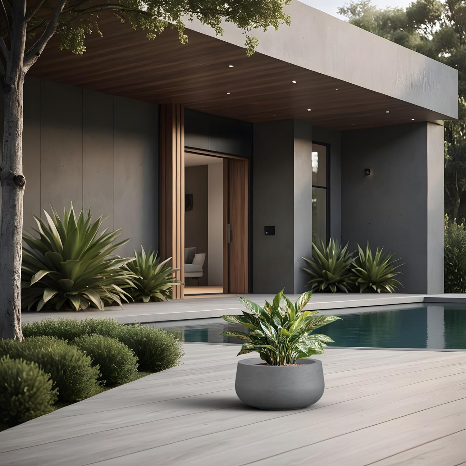 Kante 11.8 Inch-Dia Round Concrete Bonsai Planter with Drainage Hole, Large Plant Pot for Indoor Outdoor Plants, Suitable for Patio, Garden, Home, Concrete Gray