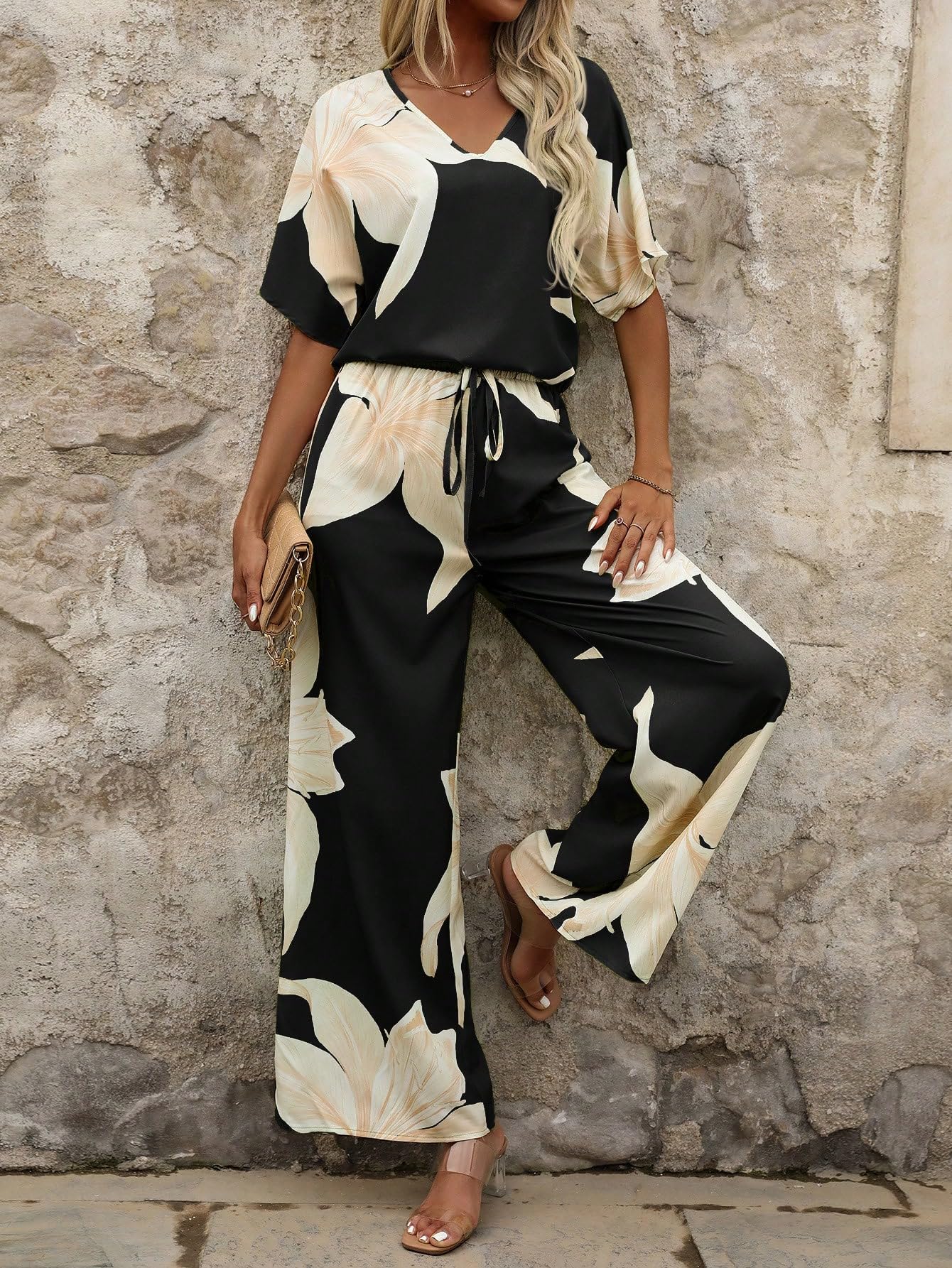 Shasmi Women's Casual Elegant Black Floral Printed Batwing V-Neck Blouse, Sleeve Shirt, Wide Long Pants for Ladies 2pcs/Set, Spring Outfits For Women (Co-Ods 189 Black-XL) - Image 6 thumbnail