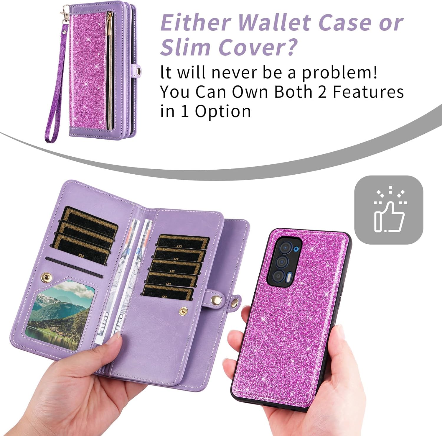 Asuwish Phone Case for Motorola Moto Edge 2021/MotoEdge 5G UW 2021 Zipper Wallet Detachable Cell Cover with Tempered Glass Screen Protector Strap Bling Glitter Flip Card Holder XT2141-1 Women Purple