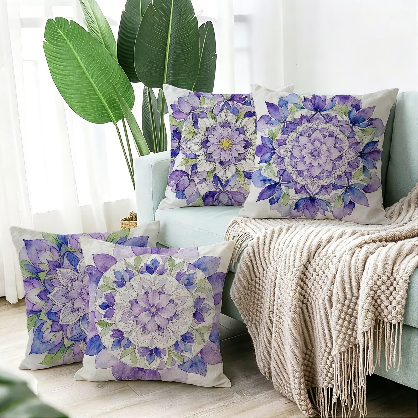Viola Federe Cuscini Divano 45x45cm, Cuscini da Esterno Set de 4, Cod-310 | Lin Copricuscini Decorativi Letto Arredo, per Letto, Soggiorno, Giardino, Esterno, Casa Decorazione Set di 4 Fiore