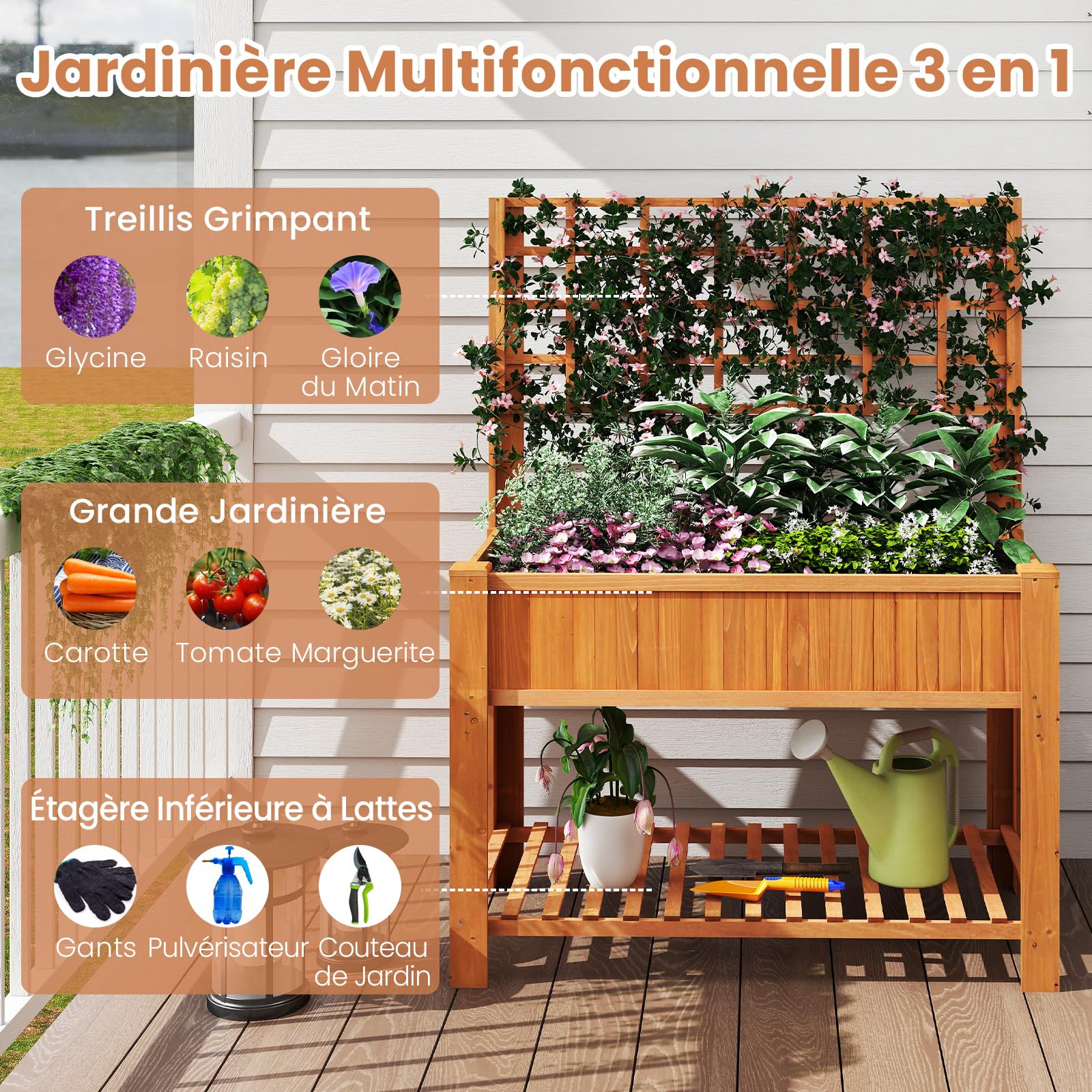 RELAX4LIFE Jardiniere sur Pieds avec Treillis, Jardiniere Treillis en Bois, Carre Potager sur Pied, Étagère Inférieure pour Outils, Trou de Drainage, Fond Amovible, pour FleursLégume Herbe (Marron)