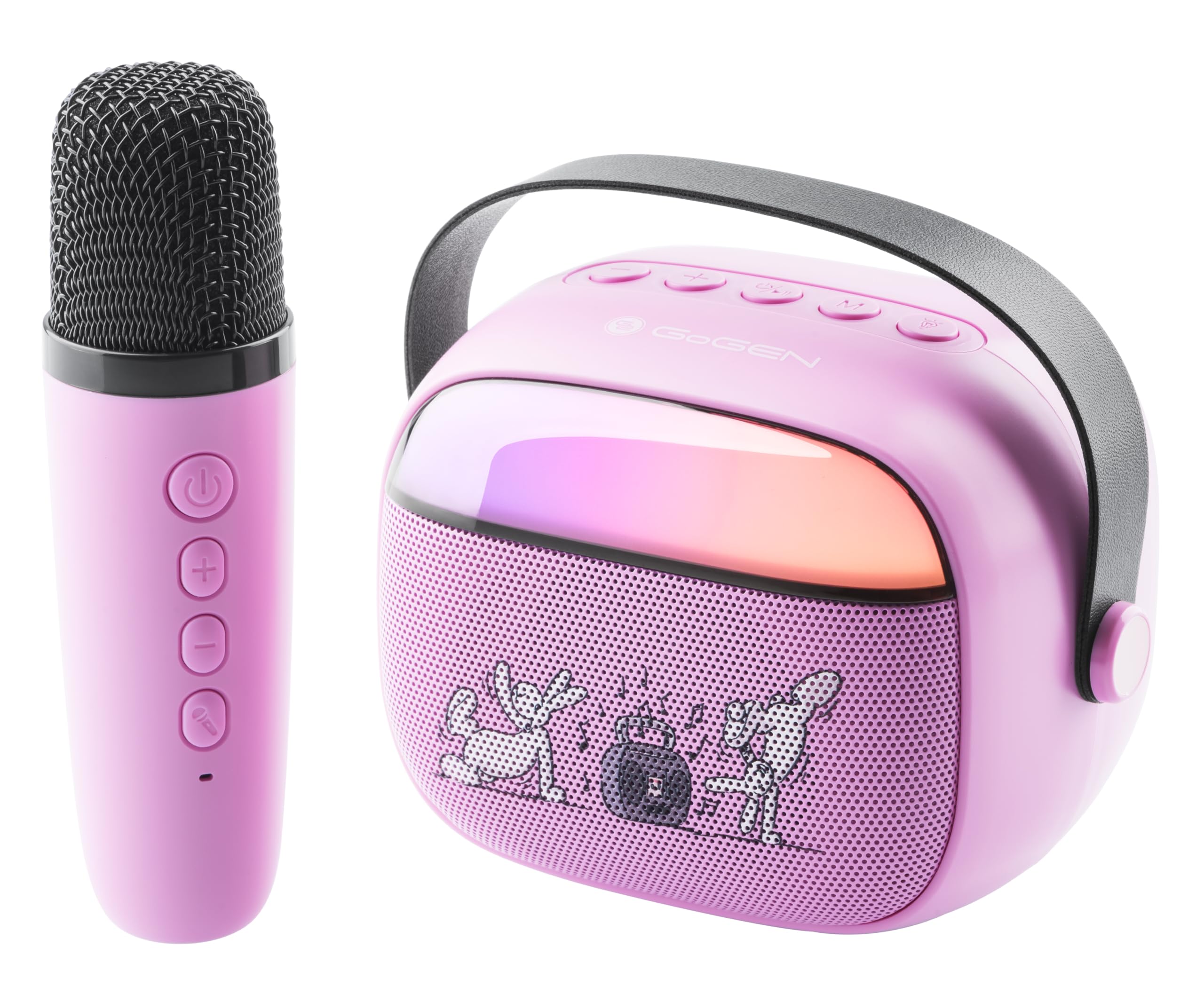 GOGEN Party Kids - Altoparlante Bluetooth con microfono, effetti di luce e voce, 3,2 W, batteria 5 ore, USB‑C/AUX/MP3, colore: Rosa