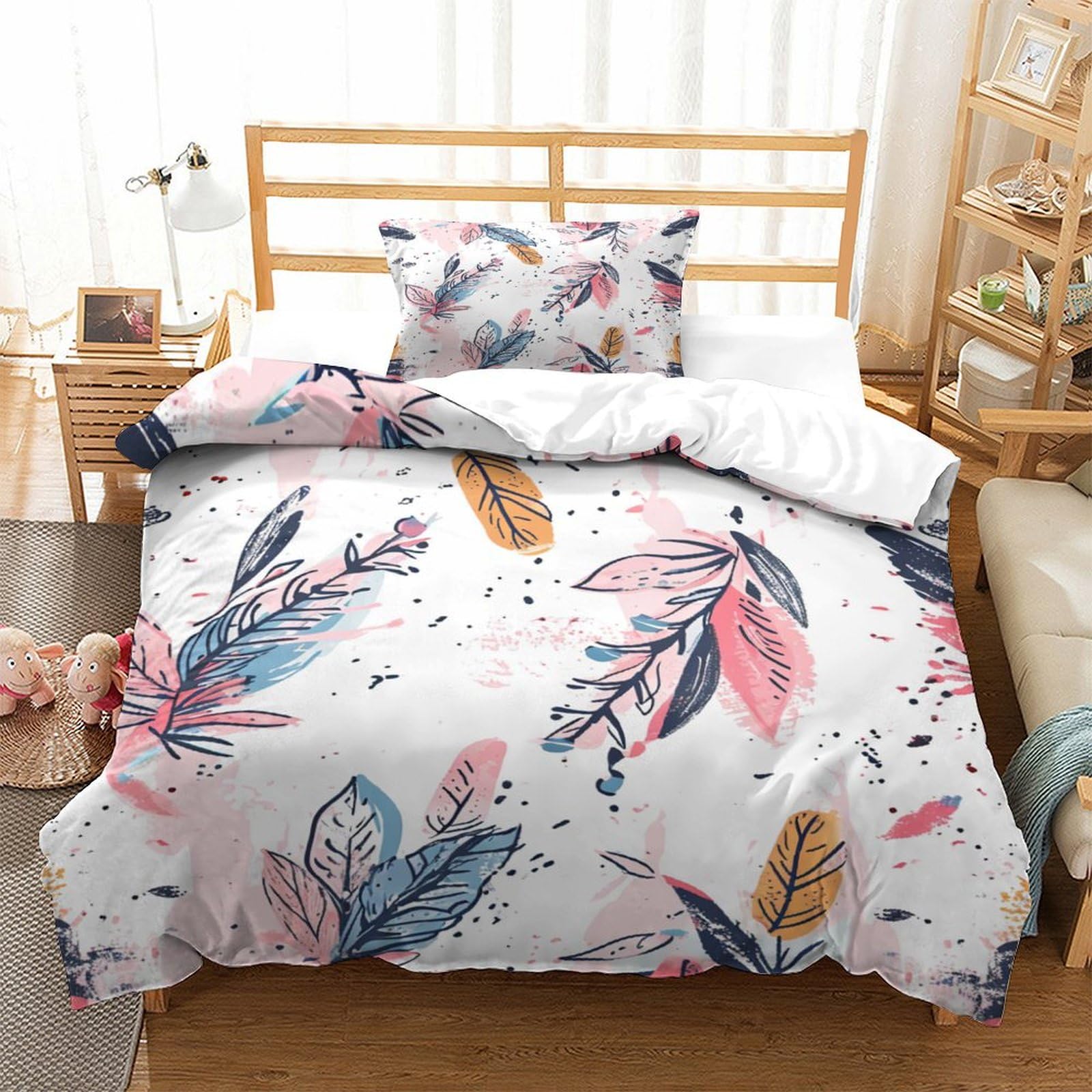 P1S9U7W5Y 3D Printed Watercolor Feather Duvet Cover Set 3pcs Microfiber Boho Bedding Set Single（135x200cm）
