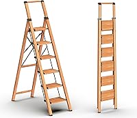 GameGem 6-Step Aluminum Ladder for 12ft Ceilings - Lightweight Folding Step Stool with Anti-Slip Wide Pedals, Handgrip & 300 lbs Capacity, Woodgrain