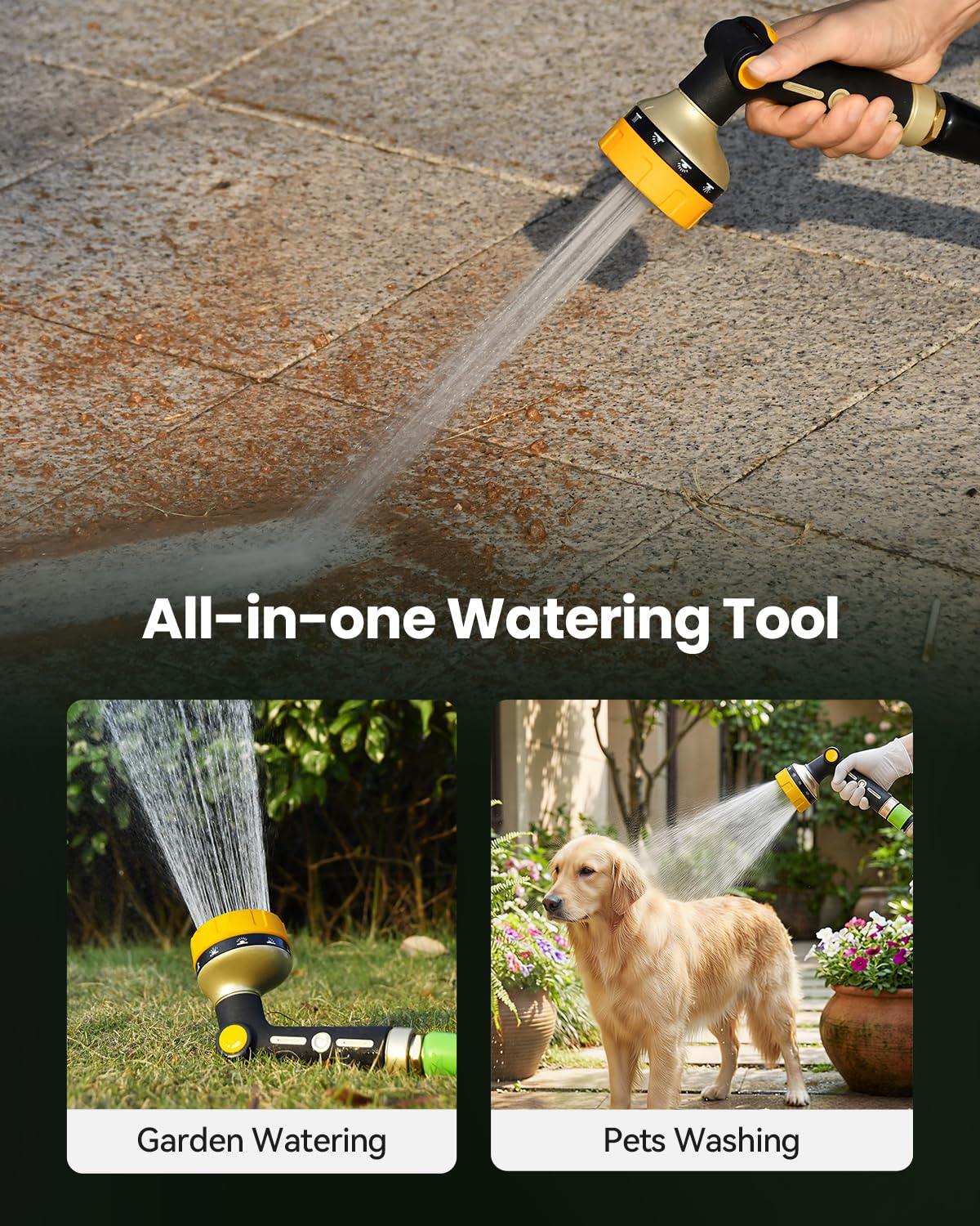 RAINPOINT Hose Pipe Spray Gun, 10 Patterns, Heavy Duty Metal Garden Hose Spray Gun with Thumb Flow Control, High Pressure Hose Nozzle Sprayer for Watering Plants, Lawns, Car and Pet Washing, Yellow — view 7
