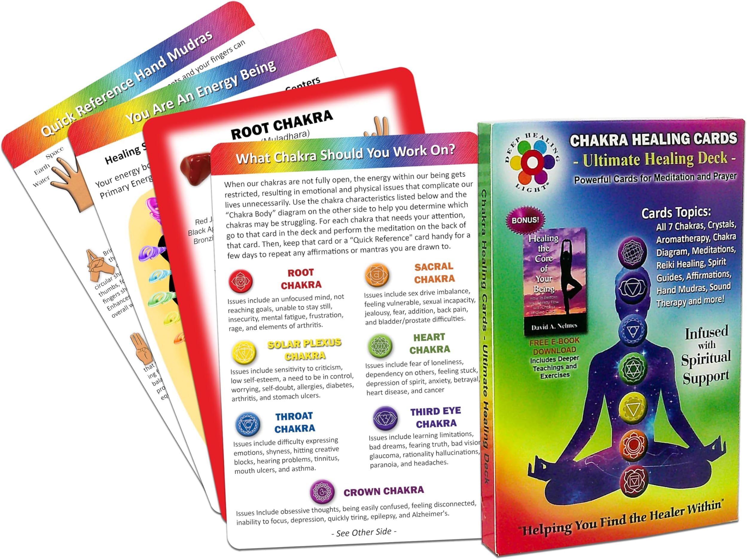 Deck of 14 Chakra Healing Cards - Includes Affirmations, Guided Meditation, Stones and Crystals Info, Spirit Guides, Symbols, Aromatherapy, Quick Reference Cards - Reiki Energy - Seven Chakras
