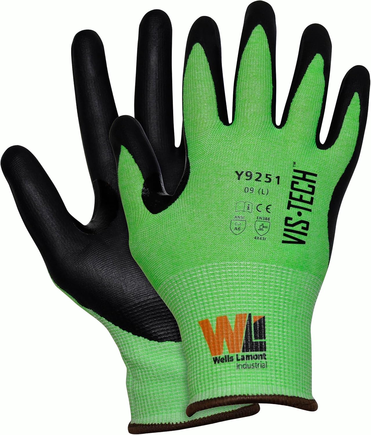 Wells Lamont Y9251 Vis-Tech Cut Resistant Gloves - Cut A6, 18G Liner, Nitrile Palm, Hi-Vis Green, XX-Large