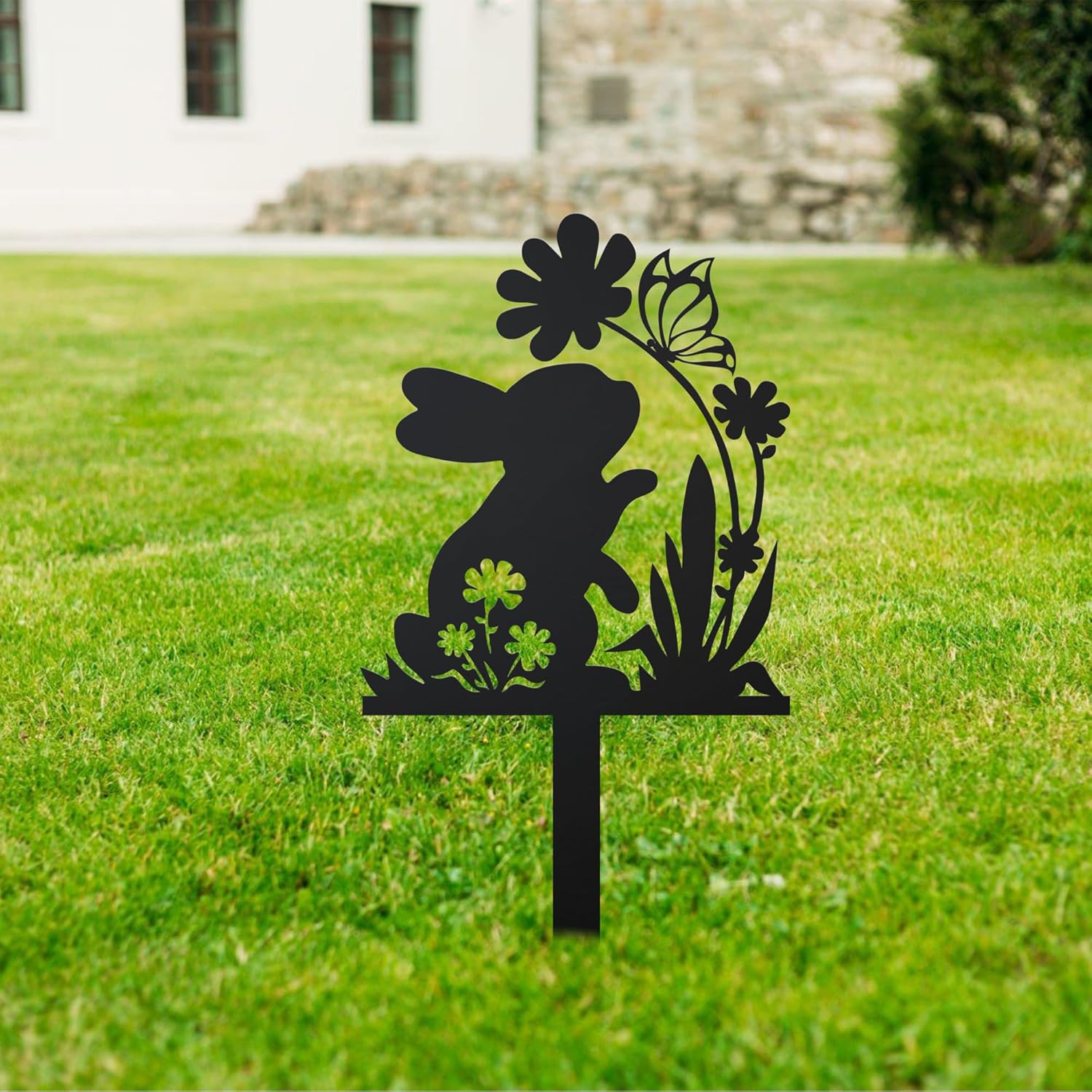 Metal Easter Bunny Garden Stake with Made from Stainless Steel with All Kinds of Size Options for Garden Decoration and Lawn Decoration, Easter Stakes, Custom Floral Rabbit Name Sign, Black