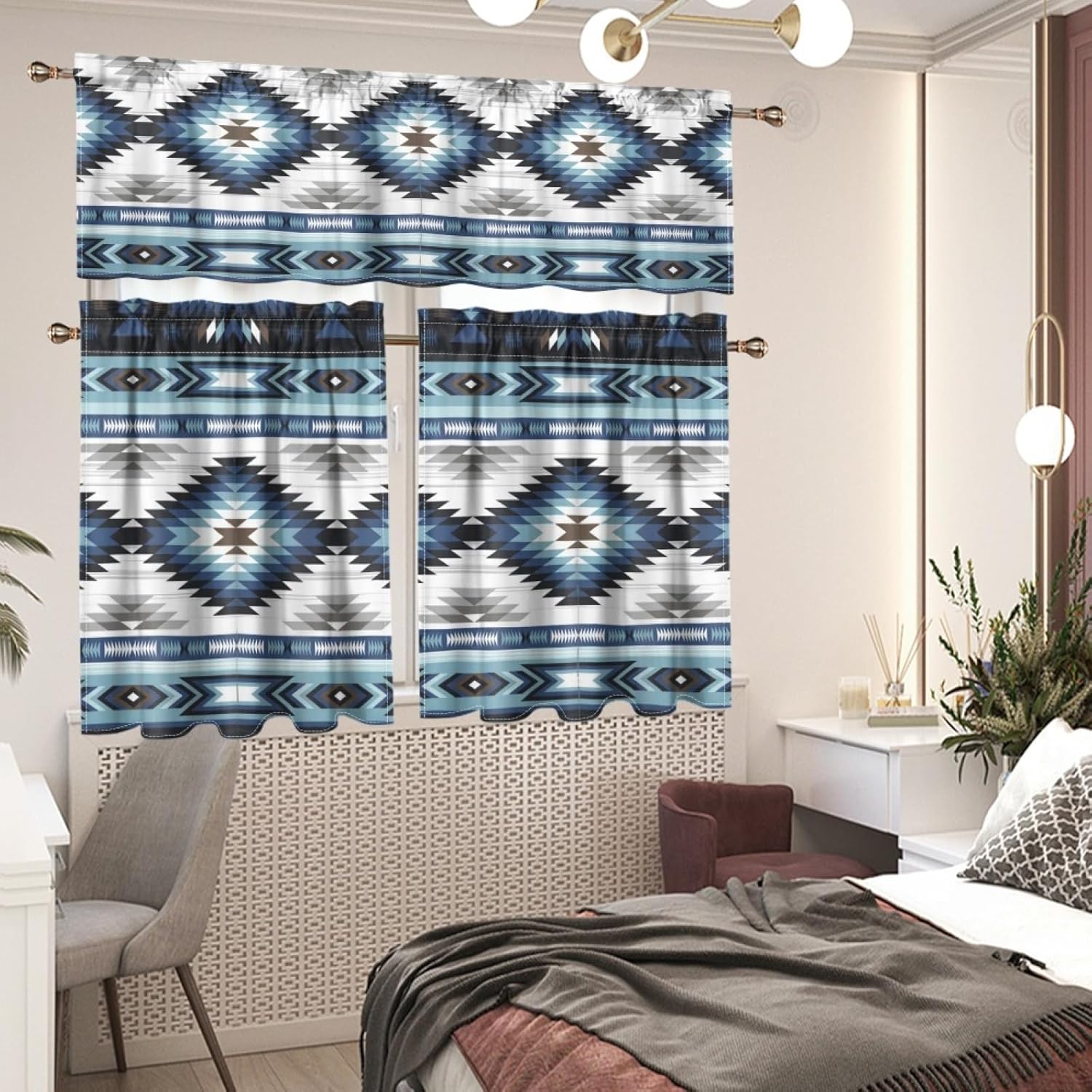 ZFRXIGN Aztec Kitchen Cafe Valance Curtain for Medium Windows Southwestern Rod Pocket Short Blackout Curtains Window Treatment for Living Room Bedroom Bathroom Tribal Navajo Western Blue
