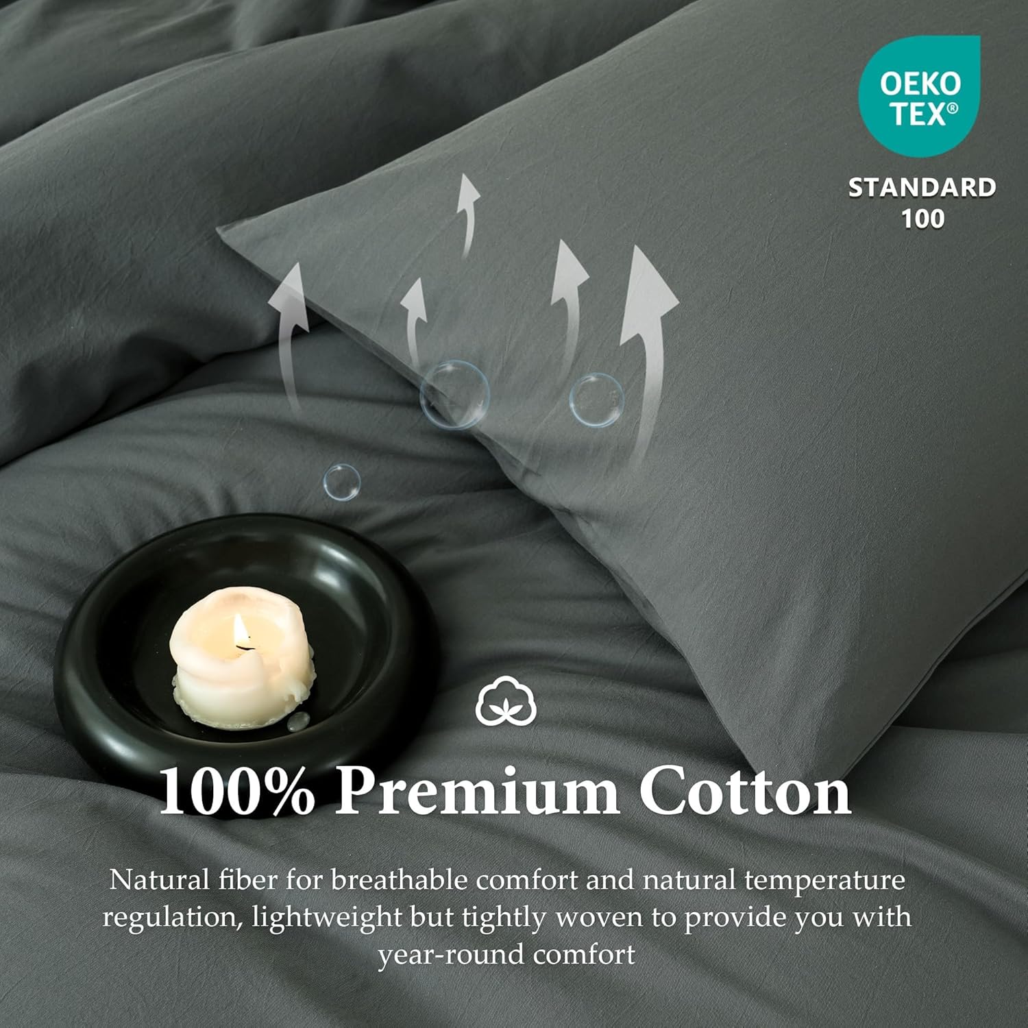100% Washed Cotton Duvet Cover Set 3pcs Linen Feel Twin Duvet Cover Breathable Durable Comfy Twill Bedding (Dark Grey,68" x 86")