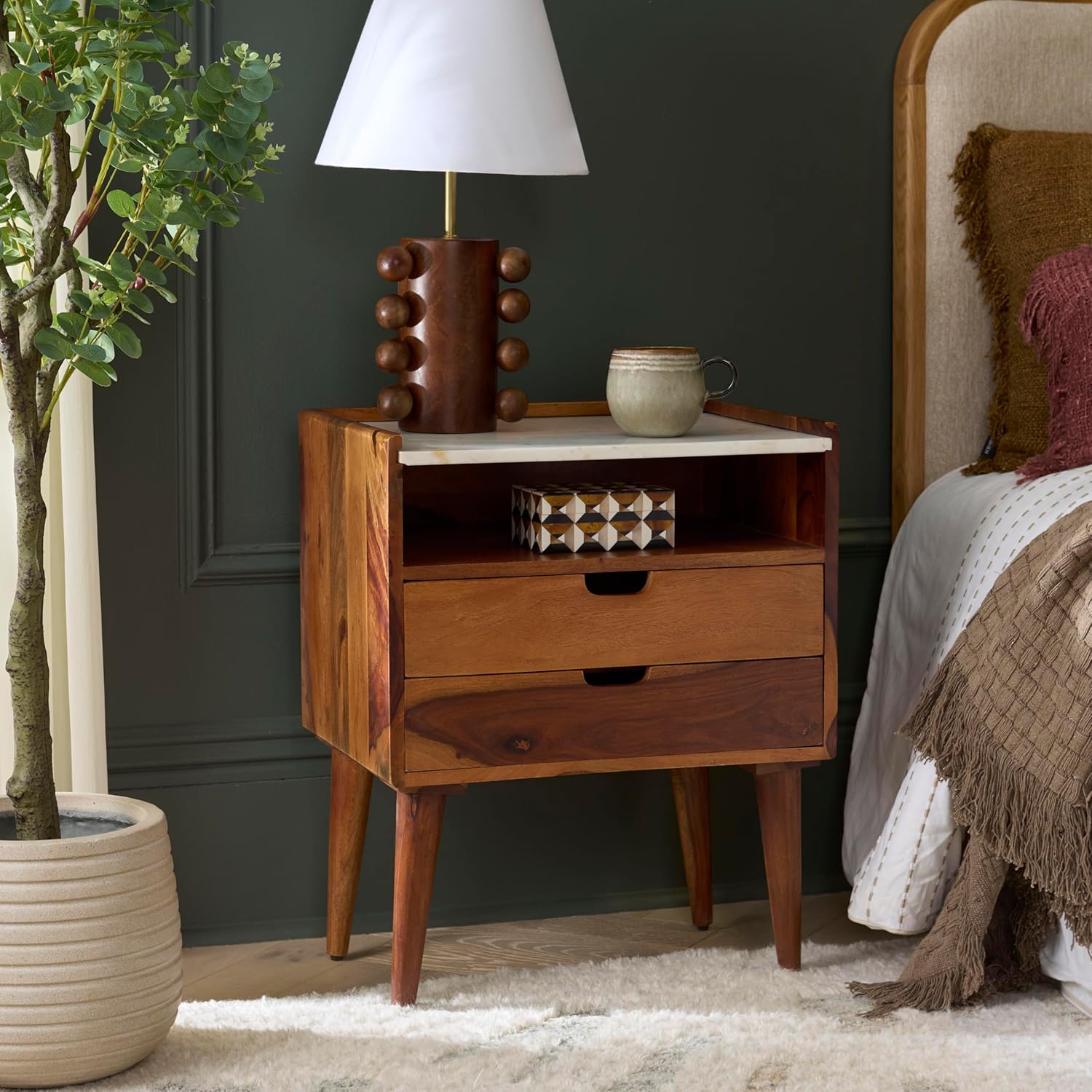 SAFAVIEH Home Collection - Alexi 2-Drawer Nightstand Table with White Marble Top, Brown Mid-Century Bedside Storage, Fully Assembled (NST3701A)