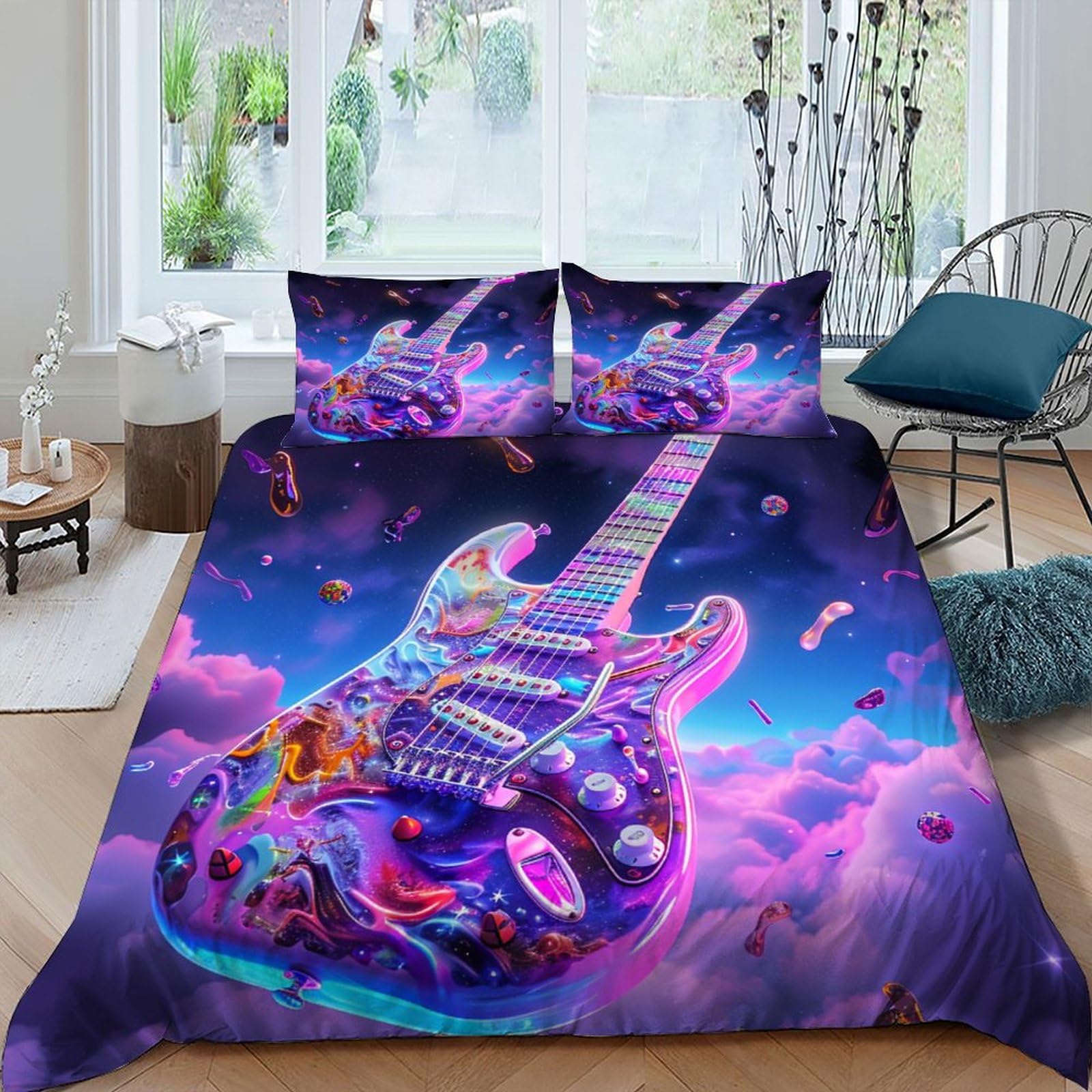 Housse de couette king size musique parure de lit 220x240 motif notes de guitare microfibre