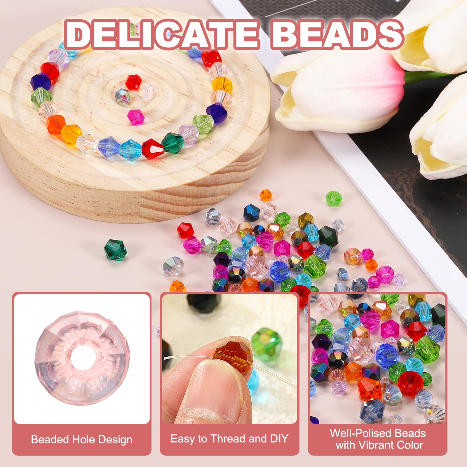 PATIKIL 1000pcs 4mm Bicone Glass Crystal Beads, Faceted Glass Spacer Beads with Box for Jewelry Making Bracelet Necklace Earrings DIY Suncatcher Craft, Pink AB - Image 3