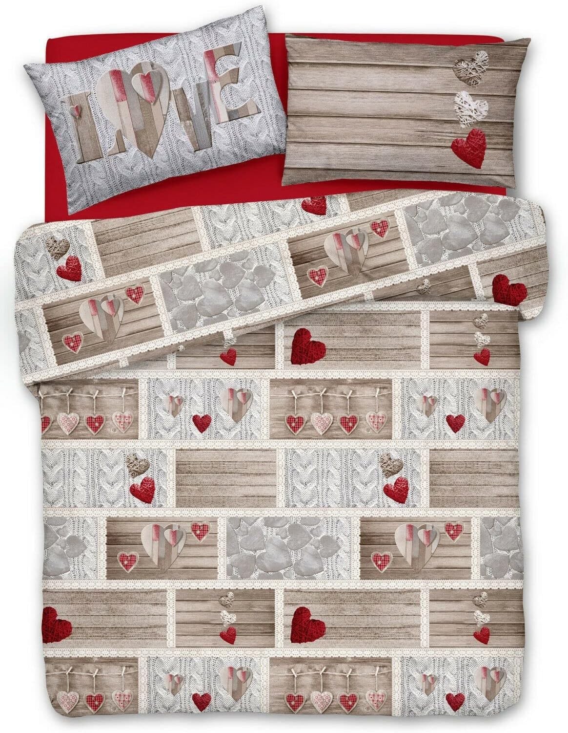 PELLECCHIA 1969 | Parure Copripiumino Matrimoniale 100% Cotone, Completo di Sacco 250x200cm e 2 Federe 52x82cm, Made in Italy Fantasia (Shabby Love Rosso, Matrimoniale)