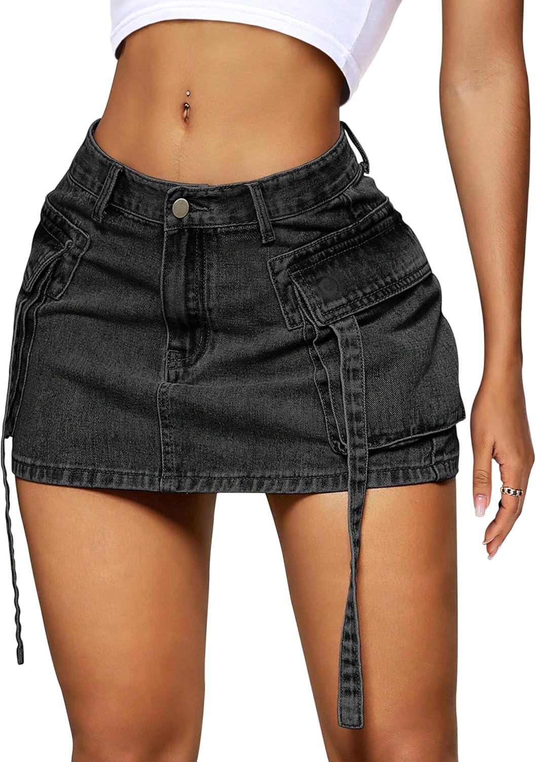 Womens Cargo Skirt Low Waist Button Denim Mini Skirt Summer Y2k Jean Skirt with Flap Pockets