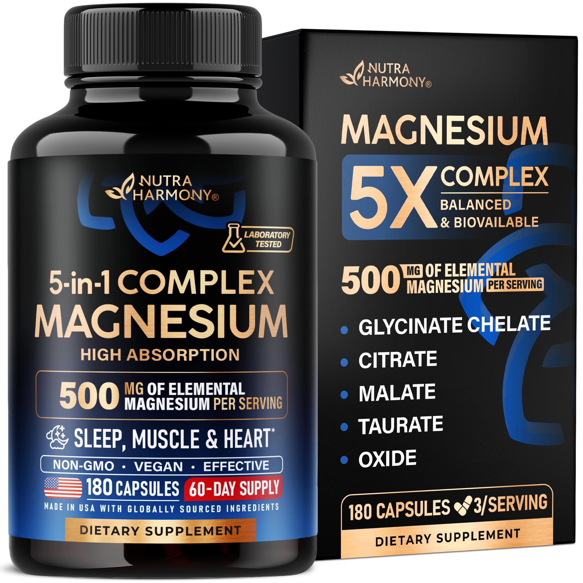 Magnesium Complex - Glycinate, Citrate, Malate, Taurate, Oxide - 180 Caps | 5-in-1 Magnesium Supplement 500 mg - for Women & Men - Stress, Muscle & Heart Support - Laboratory Tested - Vegan, Non-GMO
