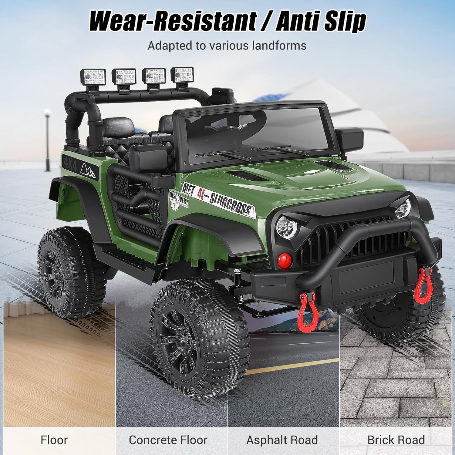 Hikole 24V Ride on Toys for Big Kids with Remote Control, 4X4 400W Battery Powered Truck with Bluetooth, Music, LED Lights, Shock Springs, Safety Belt, Power Wheels 24 Volt for Boys Girls 3-5, Green