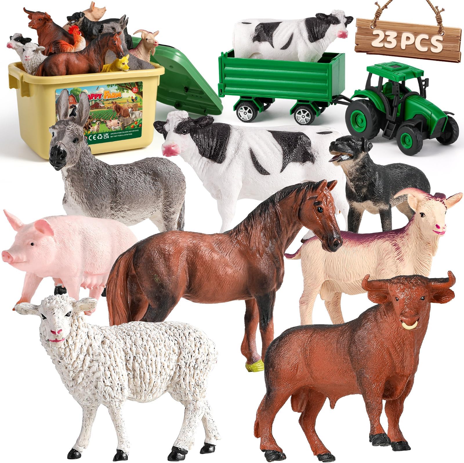 WAIIW Farm Animal Playset: 23 PCS Animal Toys with Realistic Figurines, Tractor, Fences, Hay Bales & Storage Box - Educational Learning Toys for Toddlers Kids 3-5