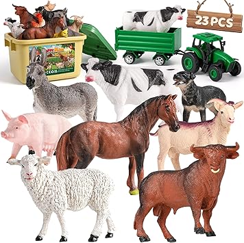 Farm Animal Toys for Toddlers,23 PCS Animal Toys with Realistic Animal Figurines,Tractor Toy and Fence,Farm Playset Educational Learning Toys for Toddlers Kids 3-5