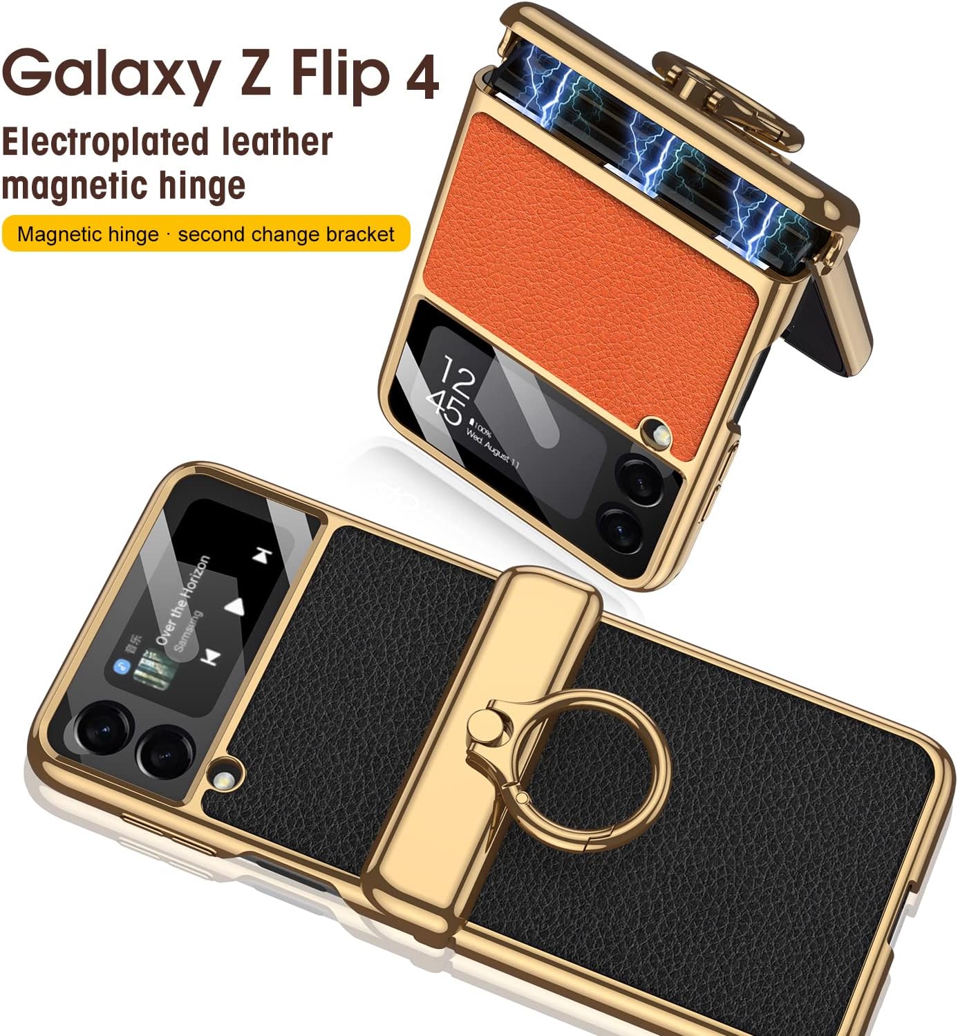 for Z Flip 4,Samsung Galaxy Z Flip 4 2022 Case with Ring Stand Luxury Leather Electroplated Magnetic Hinge Camera Lens Protector Case for Galaxy Z Flip 4 5G Women Girls