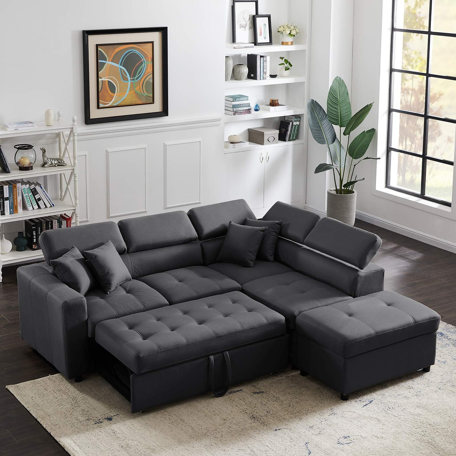 PannowModern Convertible Sectional Sofa with Ottoman, L Shape Sectional Couch with Chaise and Removable Ottoman, Tufted Seat & Back Cushion, Adjustable Headrest for Living Room