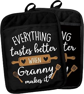 Granny Gifts Pot Holders with Pockets, Grandma Kitchen Gifts, Everything Tastes Better When Granny Makes It Pot Holders Heat Resistant Oven Mitts Hot Pads for Kitchen Baking Cooking