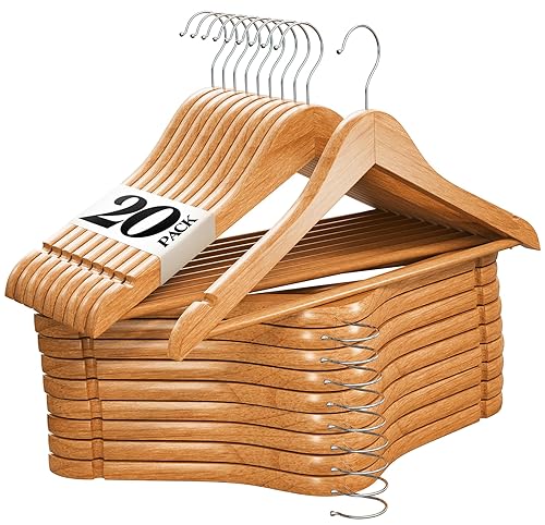 Premium Wooden Hangers 20 Pack - Durable Non Slip Coat