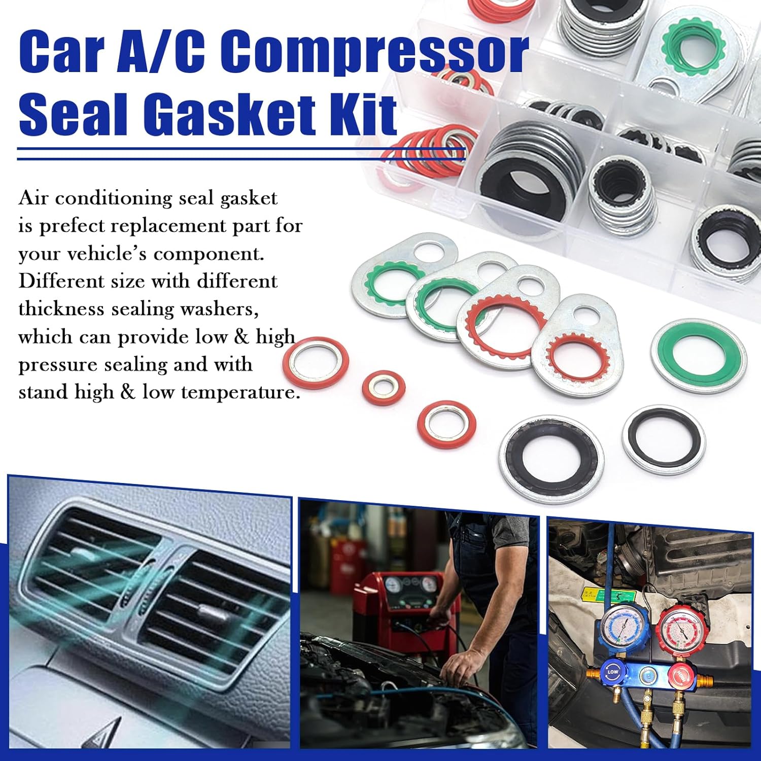 100 PCS 17 Sizes A/C System Compressor Gasket Seals Air Conditioning Compressor Port Seal Washer Kit, Gasket Bonded Seal Assortment (Red)