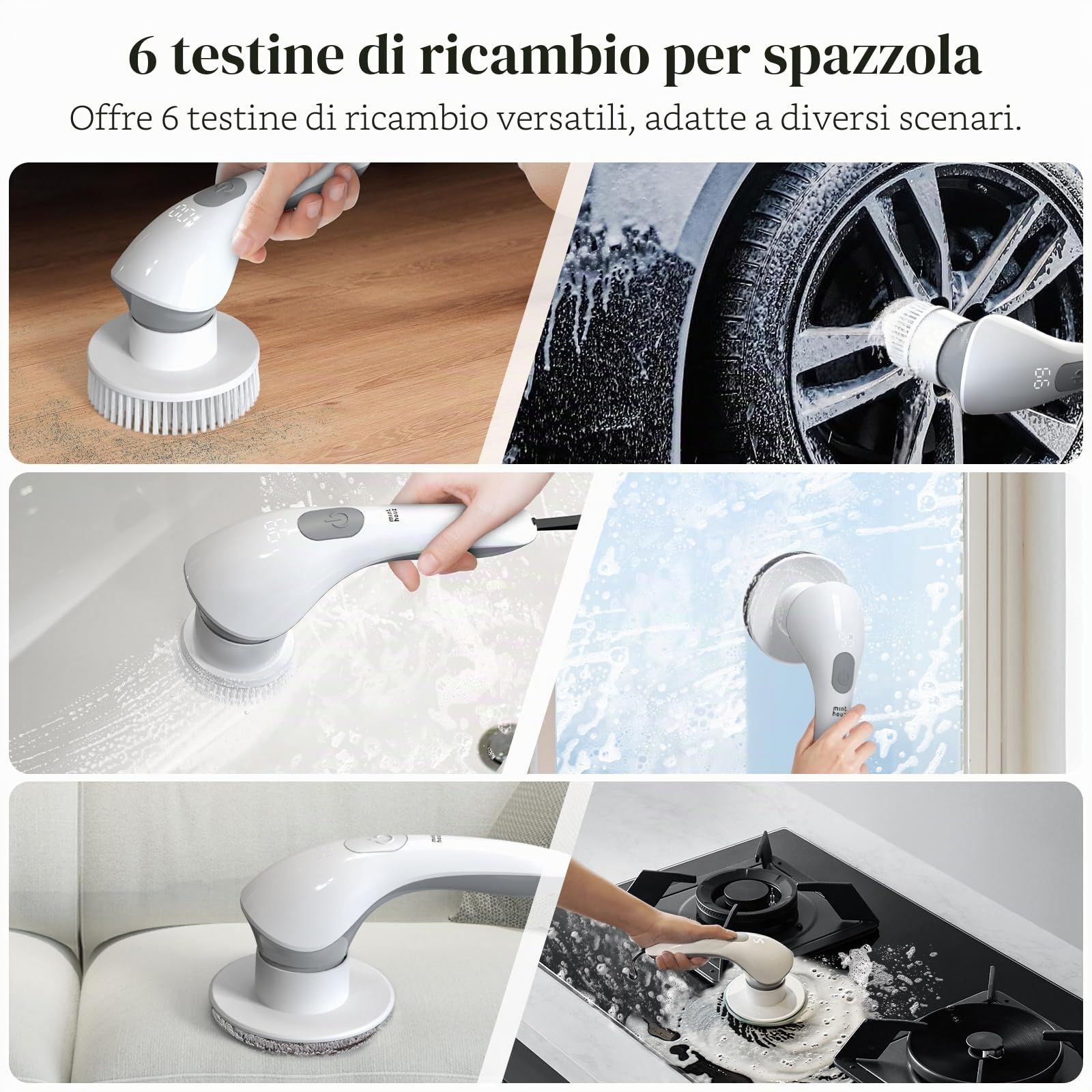 Minthouz Spazzola Rotante Pulizia Casa, Spazzola Elettrica per Pulizia con 6 Testine Sostituibili Spazzola Pulizia Doccia 2 Velocità Ricaricabile Spazzola per Pulire Doccia per Bagno, Cucina